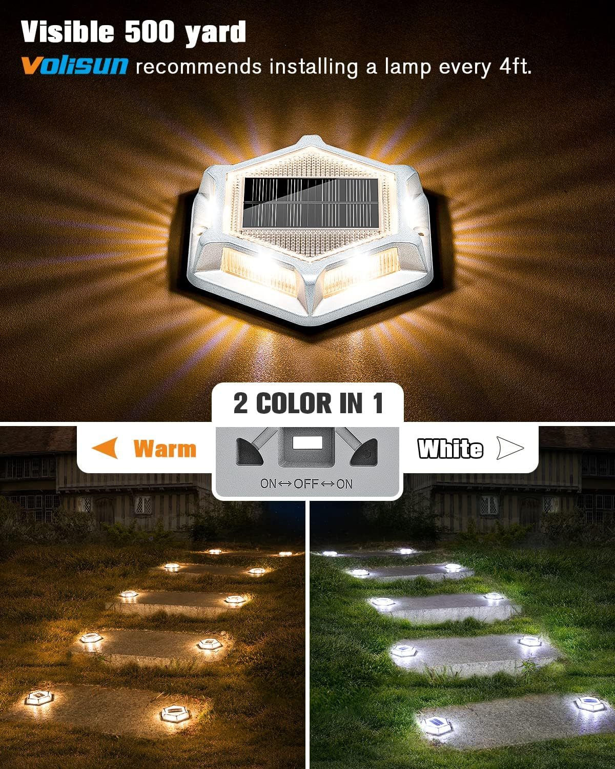 VOLISUN Solar Driveway Lights Dock Outdooor Waterproof Marker Lights,Solar Deck Lights 2 Colors in 1 Led Wireless IP67,Solar Blue Deck Lights for Driveway Sidewalk Pathway Yard(White/Blue)