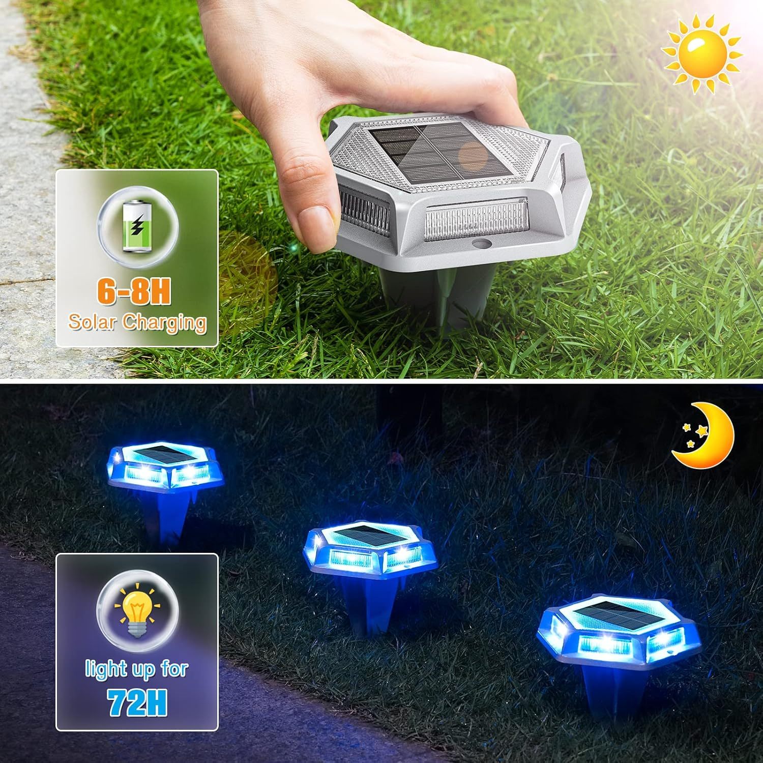 VOLISUN Solar Driveway Lights Dock Outdooor Waterproof Marker Lights,Solar Deck Lights 2 Colors in 1 Led Wireless IP67,Solar Blue Deck Lights for Driveway Sidewalk Pathway Yard(White/Blue)