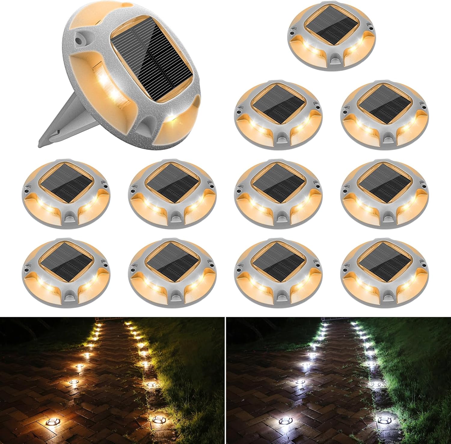 VOLISUN Solar Driveway Lights Dock Deck Lights,2 Colors in 1 Led IP67 