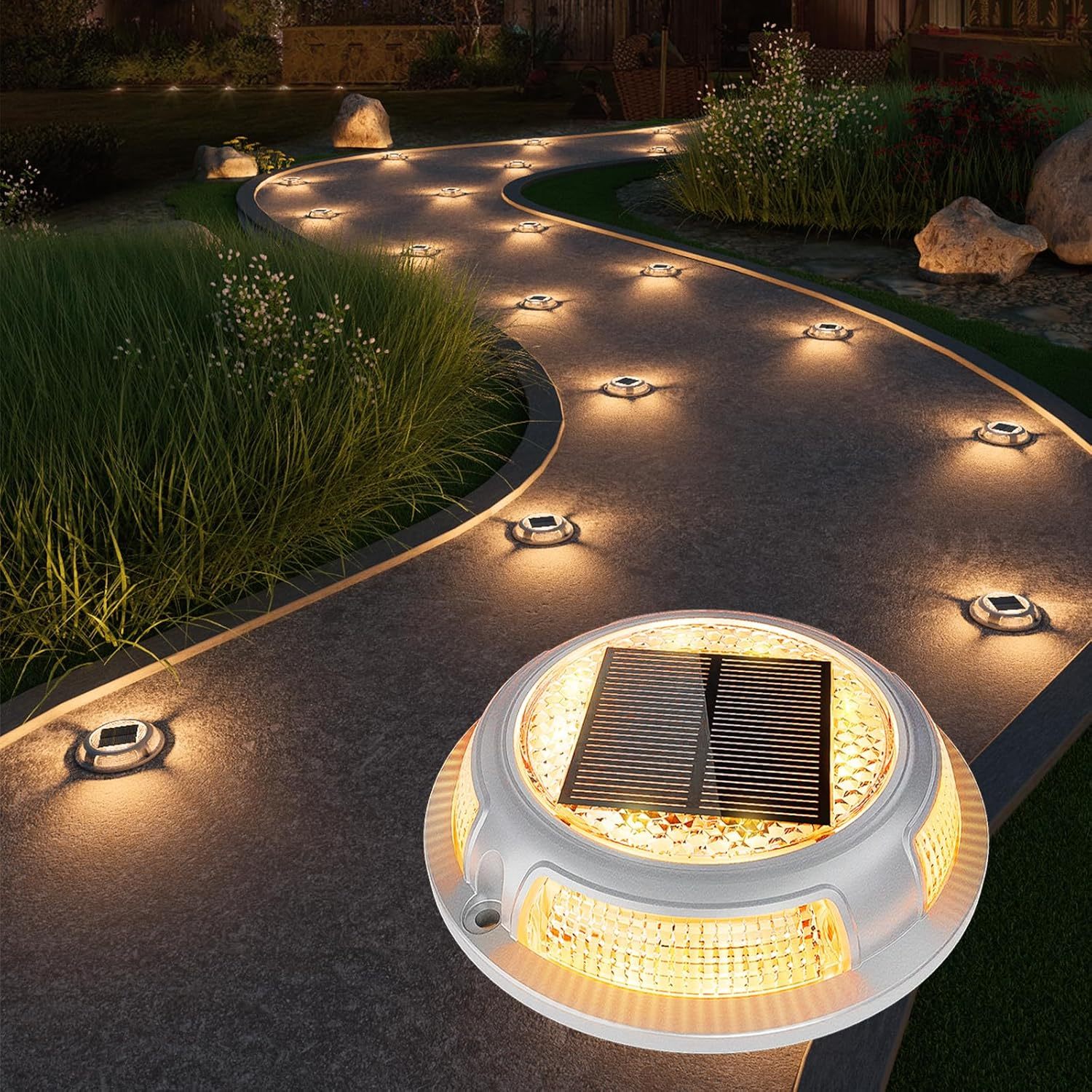 VOLISUN Solar Driveway & Deck Lights 8 Pack Waterproof Dock & Marine Ground Lights,2-in-1 Blue & White LED,Solar Marker for Pathways,Steps,and Warning Signs