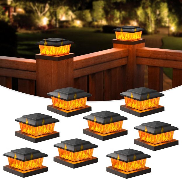 VOLISUN Solar Fence Post Cap Lights 8pack, Solar Deck Cap Flame Light Outdoor Waterproof, High Brightness Flickering Flame SMD LED Lighting, for 4x4 Wooden/4x4 5x5 Vinyl Post