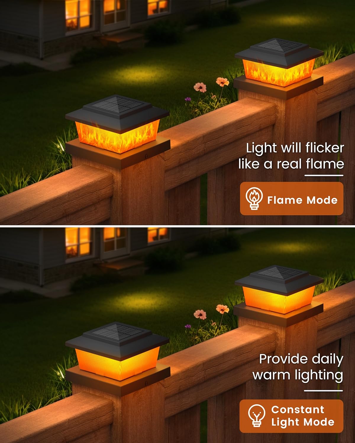 VOLISUN Solar Fence Post Cap Lights 8pack, Solar Deck Cap Flame Light Outdoor Waterproof, High Brightness Flickering Flame SMD LED Lighting, for 4x4 Wooden/4x4 5x5 Vinyl Post