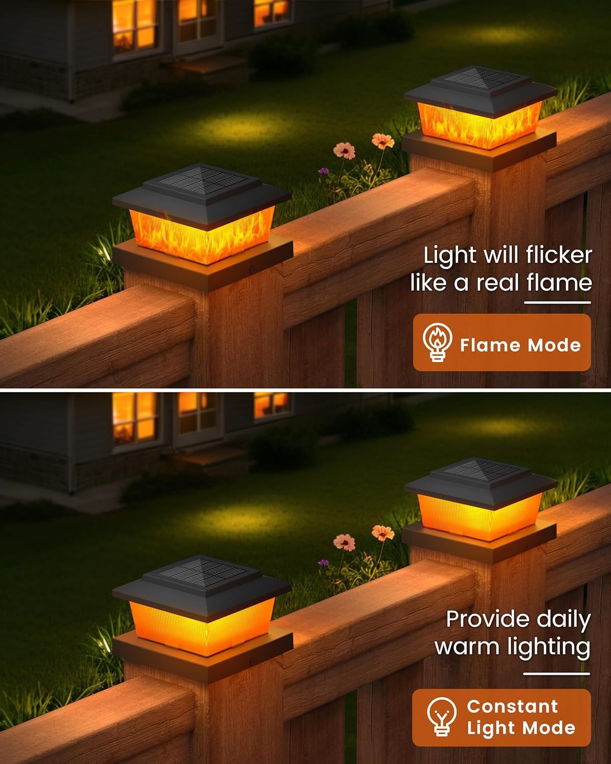 VOLISUN Solar Fence Post Cap Lights 8pack, Solar Deck Cap Flame Light Outdoor Waterproof, High Brightness Flickering Flame SMD LED Lighting, for 4x4 Wooden/4x4 5x5 Vinyl Post
