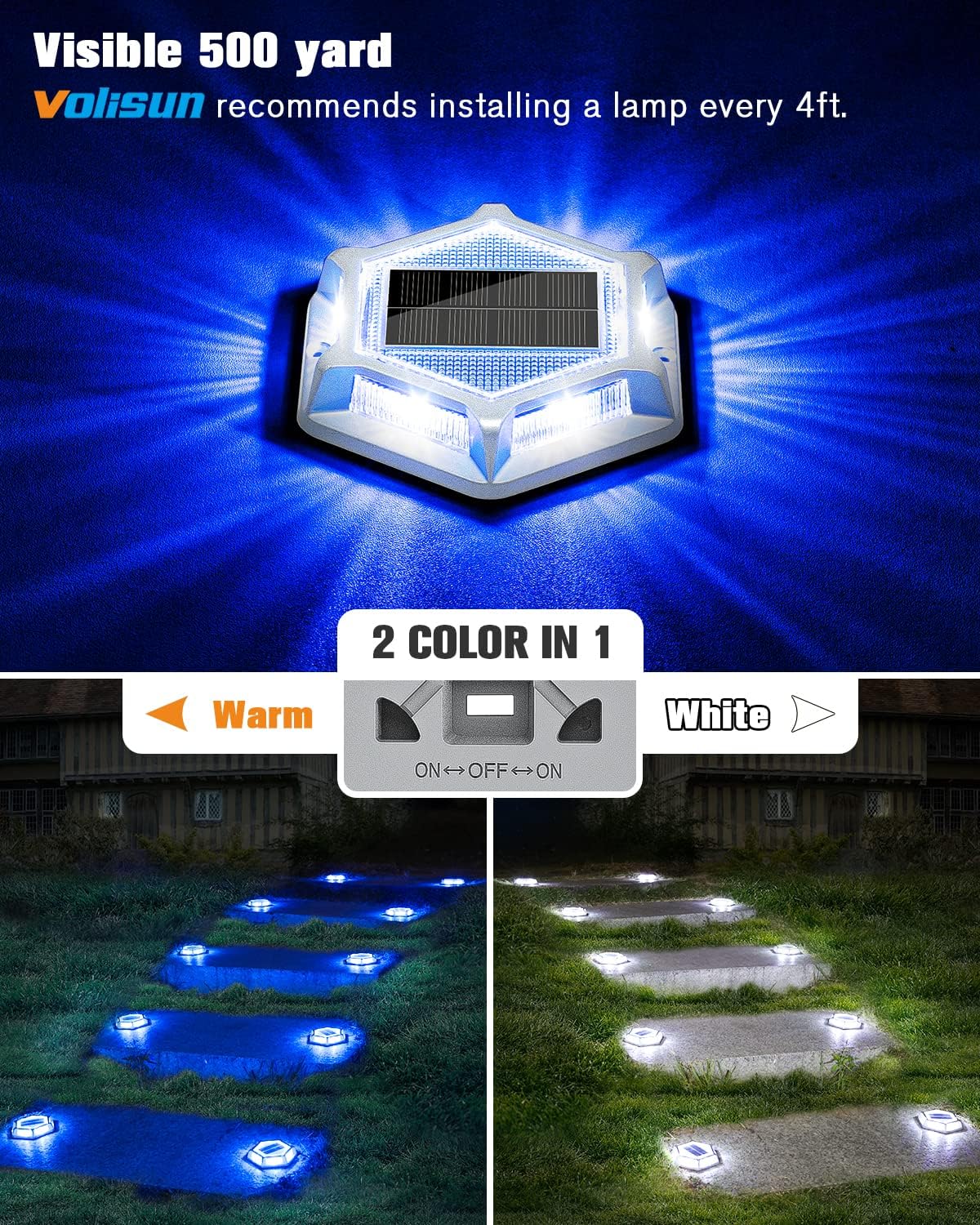 VOLISUN Solar Driveway Lights Dock Outdooor Waterproof Marker Lights,Solar Deck Lights 2 Colors in 1 Led Wireless IP67,Solar Blue Deck Lights for Driveway Sidewalk Pathway Yard(White/Blue)