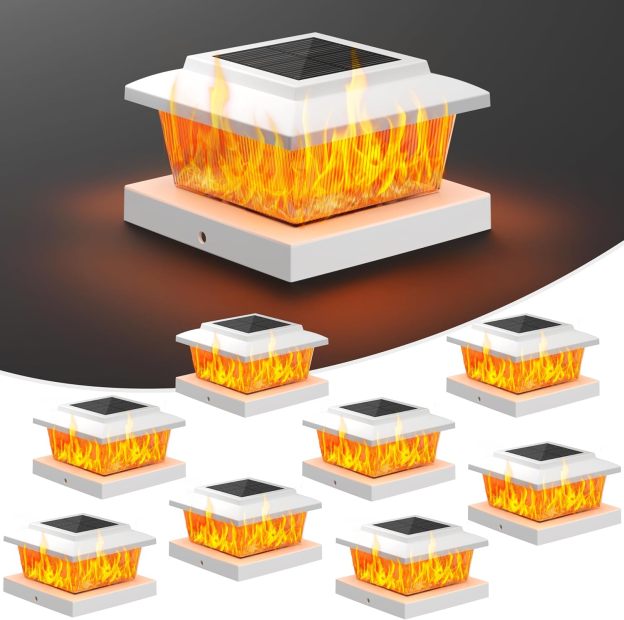 VOLISUN Solar Fence Post Cap Lights 8pack, Solar Deck Cap Flame Light Outdoor Waterproof, High Brightness Flickering Flame SMD LED Lighting, for 4x4 Wooden/4x4 5x5 Vinyl Post