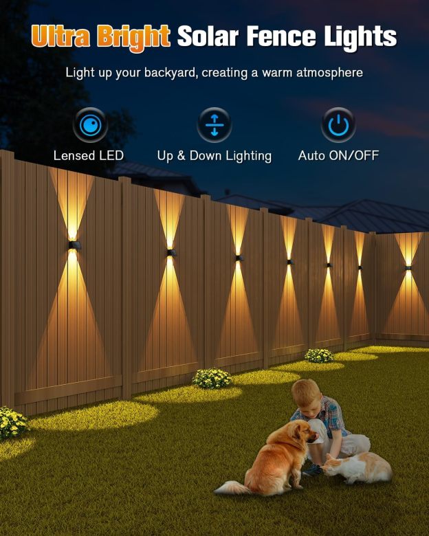 VOLISUN Solar Fence Lights, Color Glow LED Up and Down Wall Lights, IP65 Waterproof Solar Lights Outdoor for Patio, Backyard, Railing, Deck, Fence and Wall 