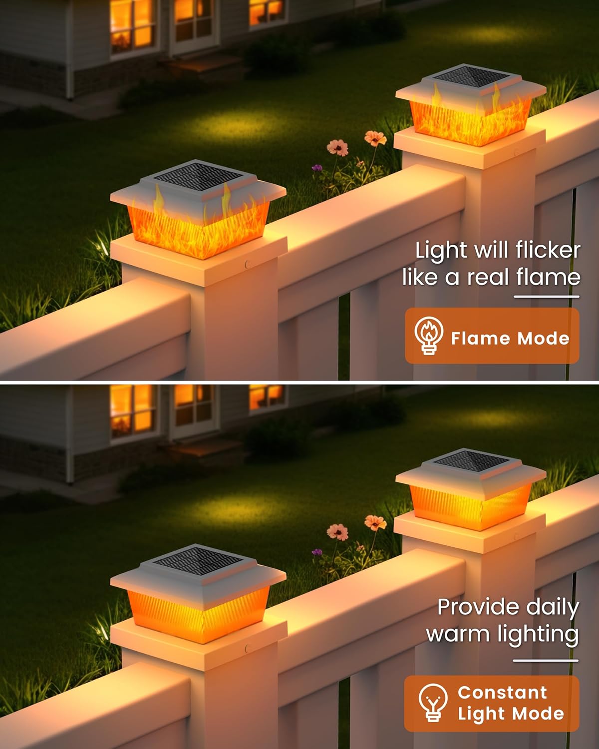 VOLISUN Solar Fence Post Cap Lights 8pack, Solar Deck Cap Flame Light Outdoor Waterproof, High Brightness Flickering Flame SMD LED Lighting, for 4x4 Wooden/4x4 5x5 Vinyl Post