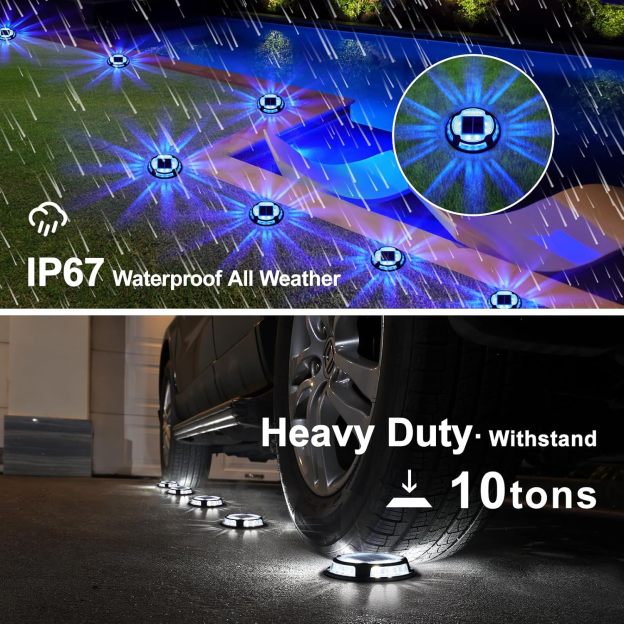 VOLISUN Solar Driveway Deck Dock Marine Lights,Ground Lights 2 Colors in 1 LED, Waterproof Driveway Marker for Pathway Warning Step (White/Warm White)