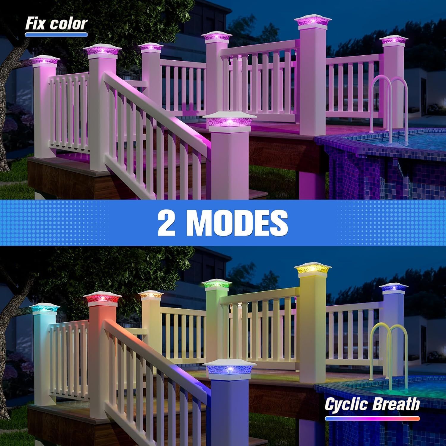 VOLISUN Solar Post Cap Light : RGB Color Changing - Fence Post Lights Solar Outdoor Waterproof for 4x4 x5 x6 WoodenVinyl Post