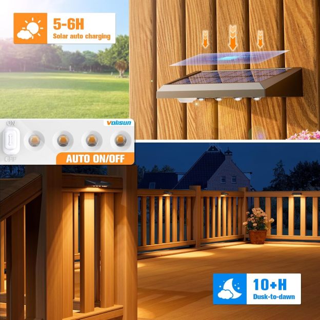VOLISUN Solar Fence Lights - 100 Lumens Solar Powered Outdoor Lights, Weatherproof Warm White LED Auto On/Off for Fence, Deck, Yard, Patio & Garden (Dusk to Dawn)