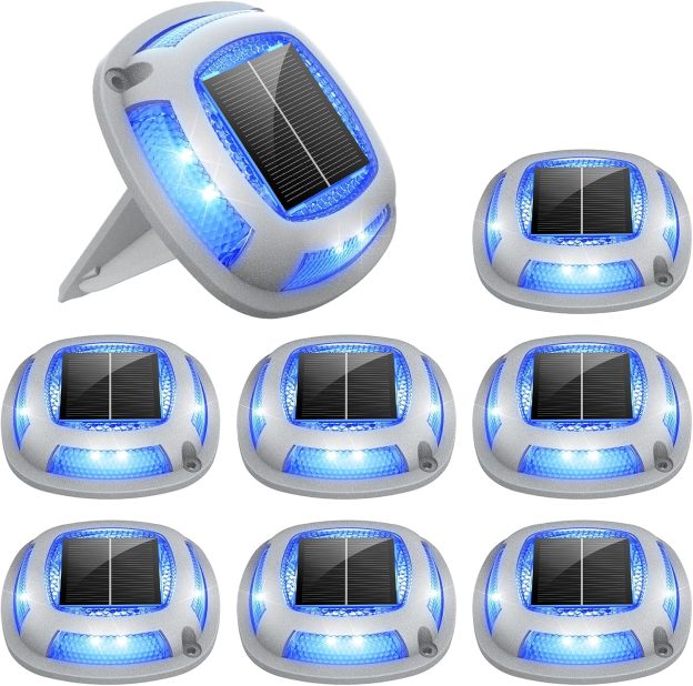 VOLISUN Solar Driveway Lights Waterproof Dock & Deck Marker Lights,2-in-1 Blue & White LED,IP67 Wireless Outdoor Solar Light for Driveways,Sidewalks,Pathways,and Yards