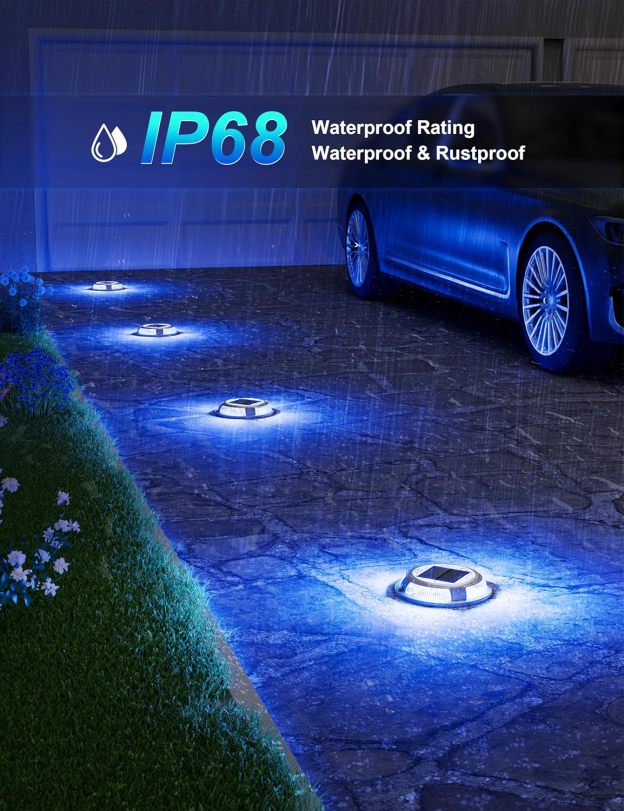 VOLISUN Solar Driveway & Deck Lights 8 Pack Waterproof Dock & Marine Ground Lights,2-in-1 Blue & White LED,Solar Marker for Pathways,Steps,and Warning Signs