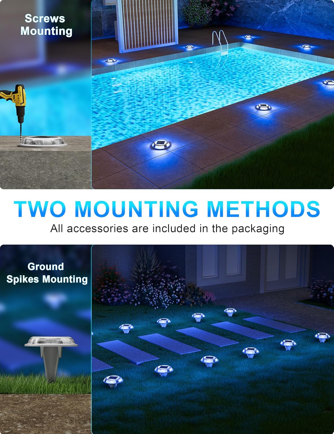 VOLISUN Solar Driveway & Deck Lights 8 Pack Waterproof Dock & Marine Ground Lights,2-in-1 Blue & White LED,Solar Marker for Pathways,Steps,and Warning Signs