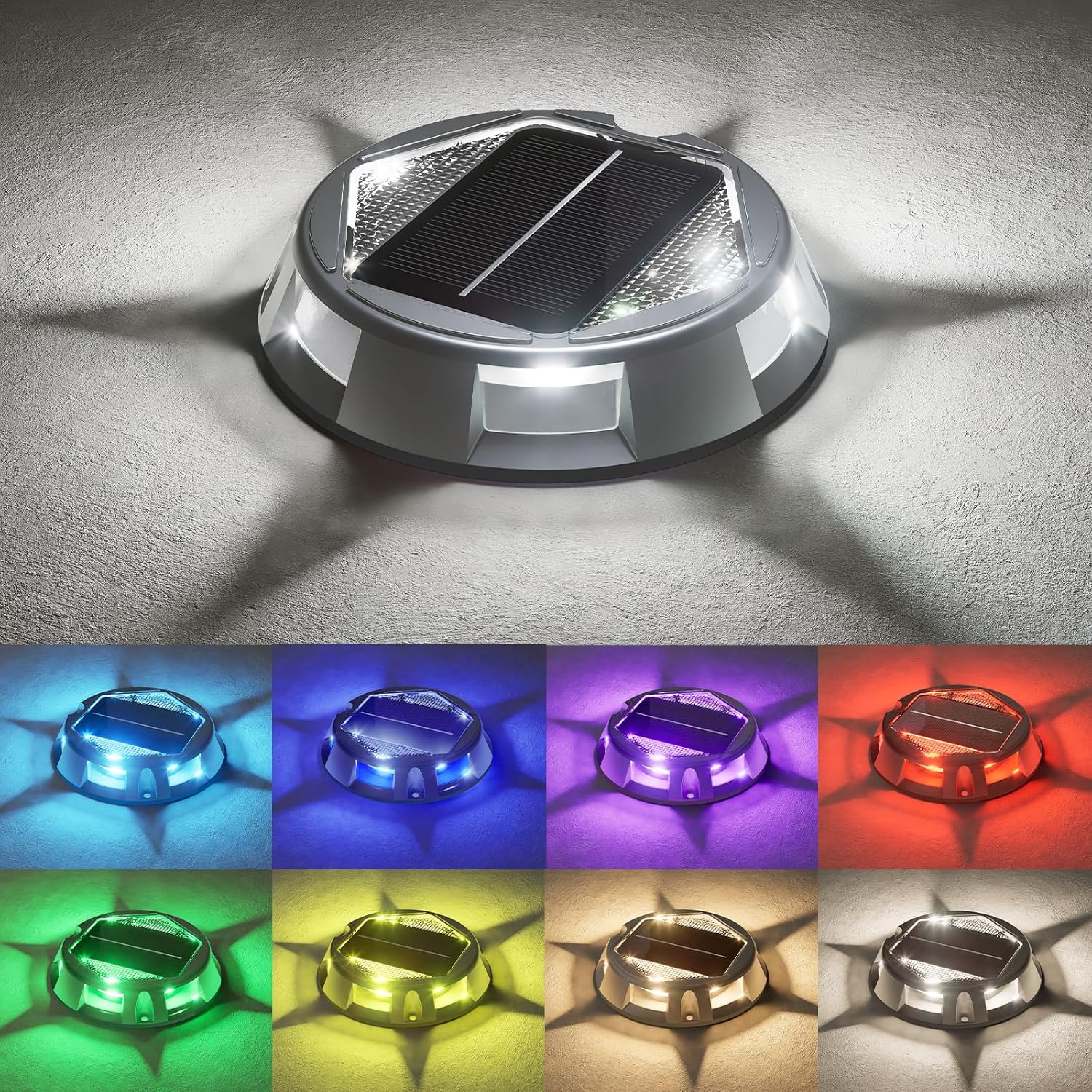 VOLISUN Solar Driveway Dock Deck Markers Marine Lights,9 Colors in 1 Led IP67 Waterproof Outdoor Warning Step Lights for Driveway Sidewalk Walkway Pathway RGB