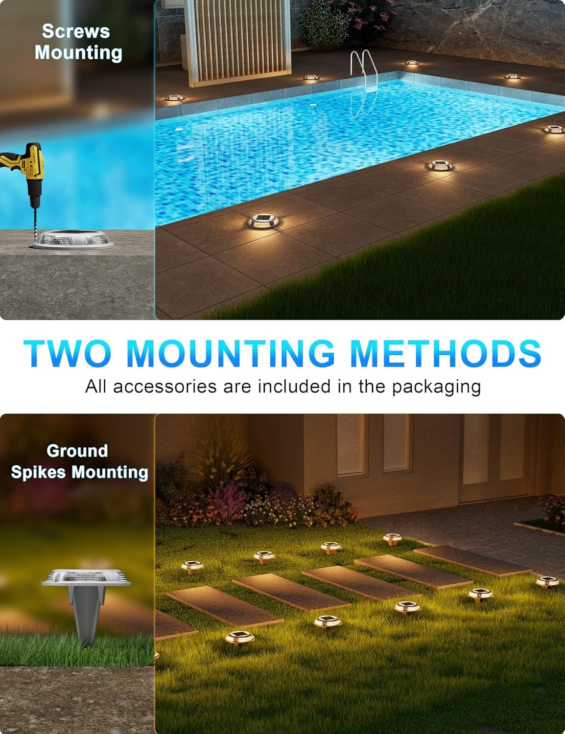 VOLISUN Solar Driveway & Deck Lights 8 Pack Waterproof Dock & Marine Ground Lights,2-in-1 Blue & White LED,Solar Marker for Pathways,Steps,and Warning Signs