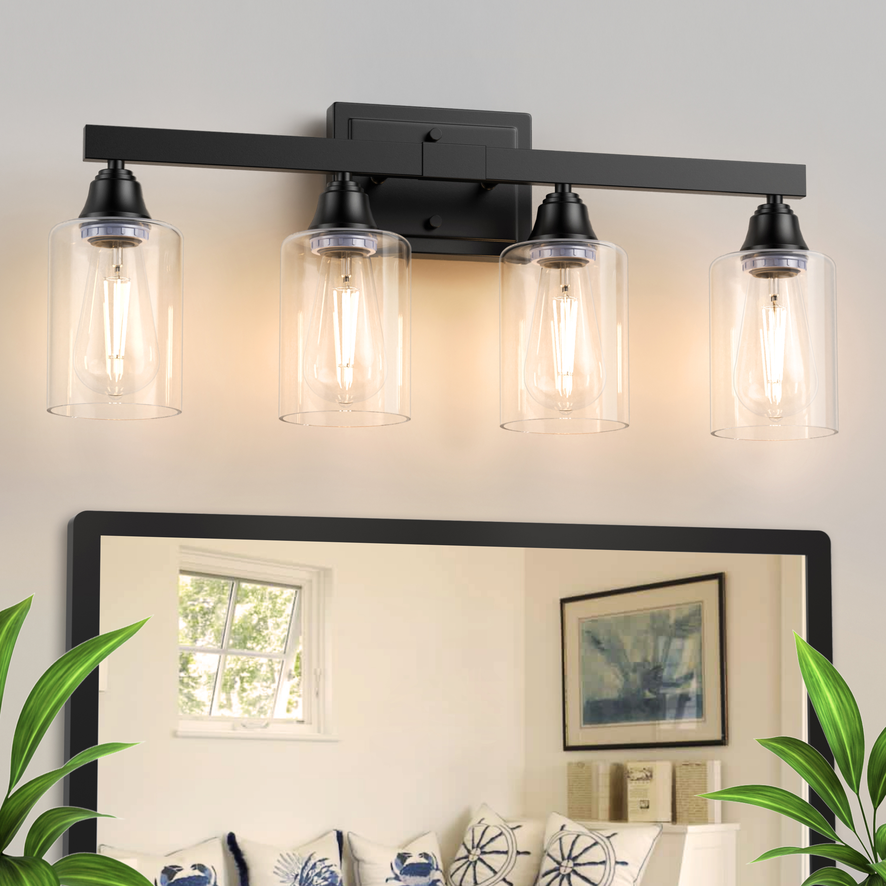 Roll over image to zoom in VOLISUN 4-Light Bathroom Light Fixtures, Matte Black Bathroom Vanity Light Over Mirror, Modern Vanity Light for Bathroom, Bathroom Wall Light with Clear Glass Shades (Bulbs Excluded)
