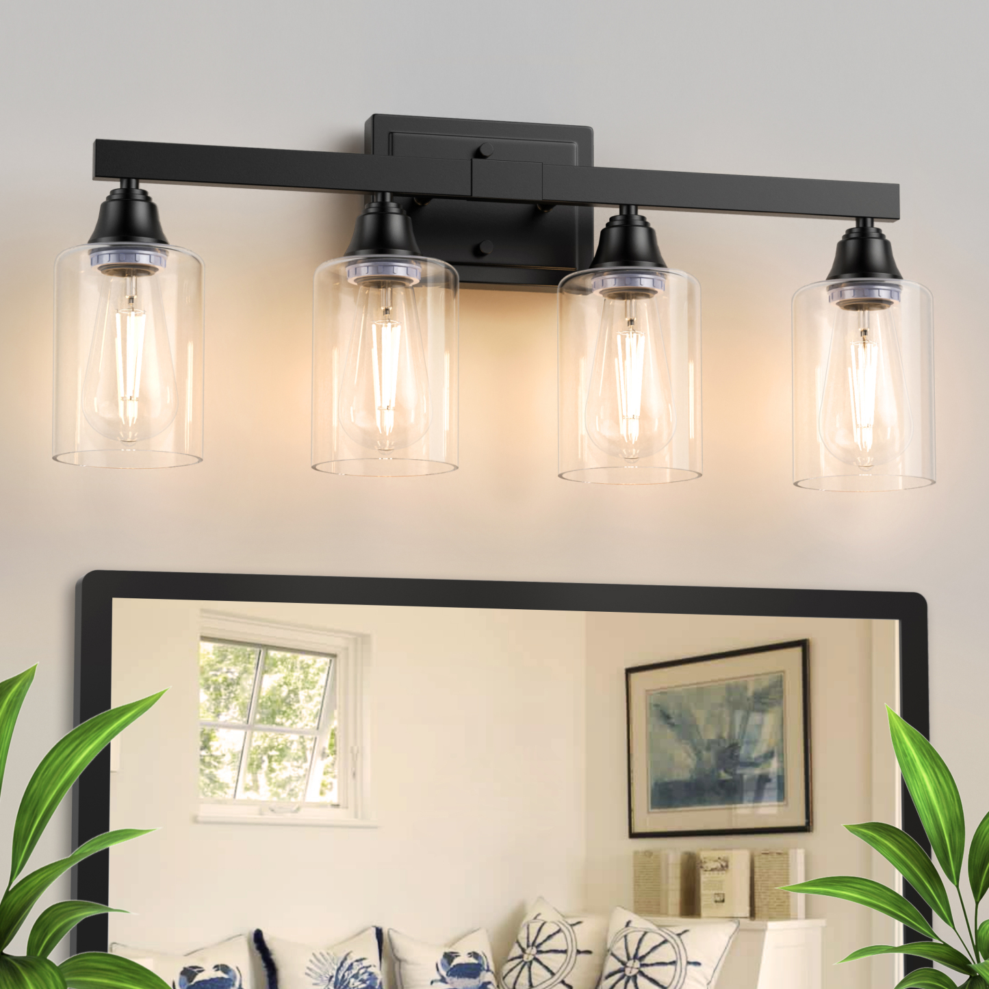 Roll over image to zoom in VOLISUN 4-Light Bathroom Light Fixtures, Matte Black Bathroom Vanity Light Over Mirror, Modern Vanity Light for Bathroom, Bathroom Wall Light with Clear Glass Shades (Bulbs Excluded)