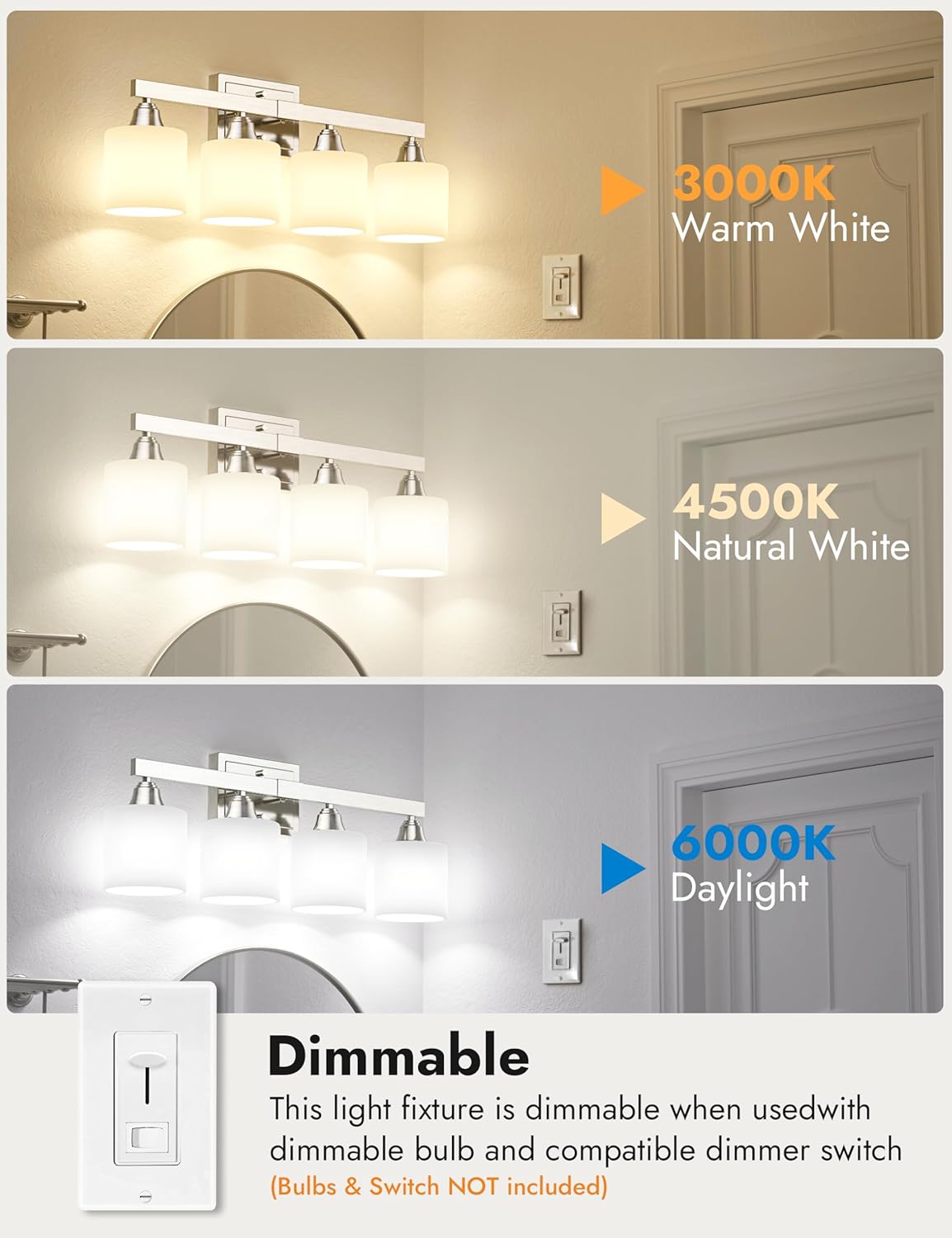 VOLISUN 4-Light Bathroom Light Fixtures, Brushed Nickel Bathroom Vanity Light Over Mirror, Modern Vanity Light for Bathroom with Milky White Frosted Glass Shades (Bulbs Excluded)