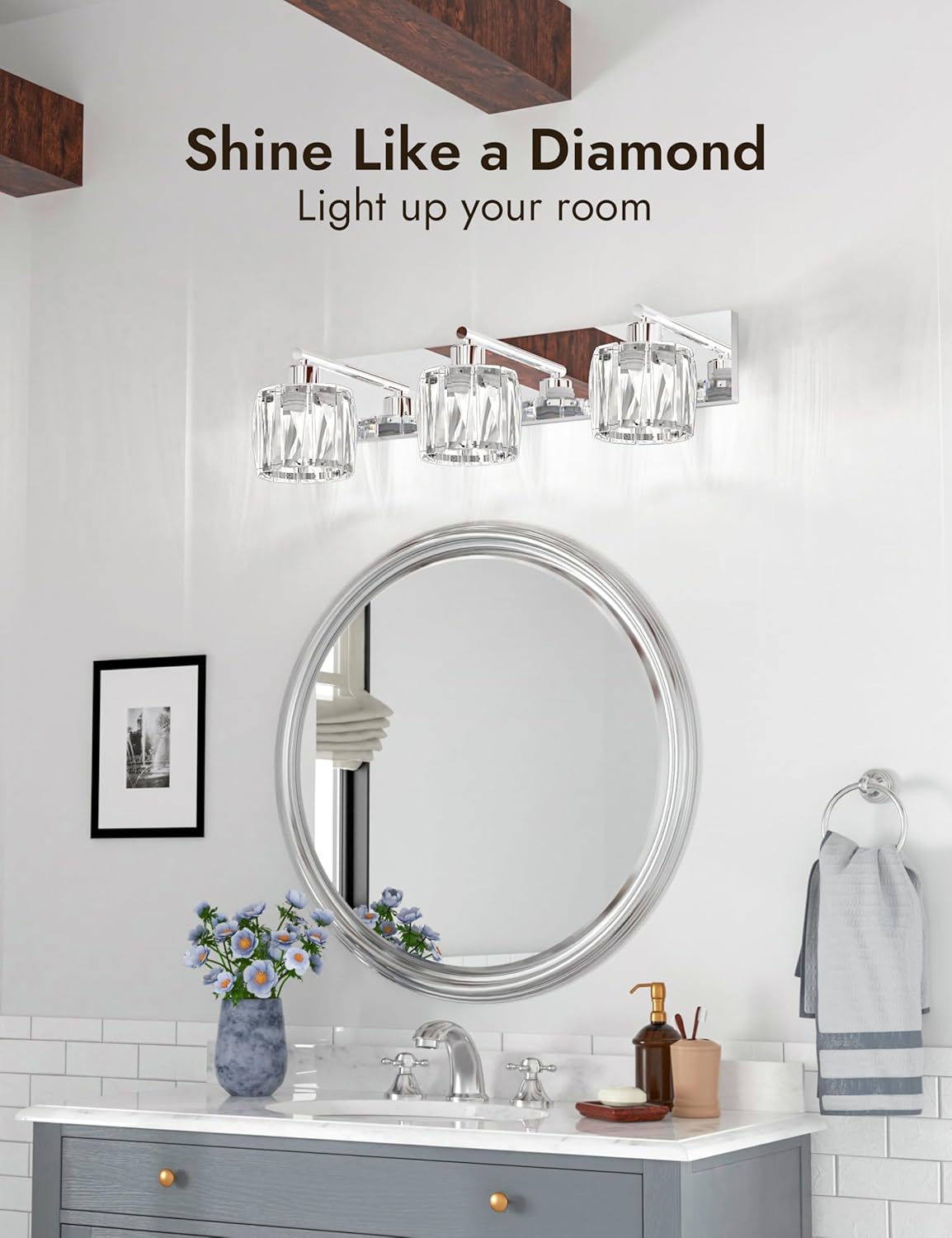 VOLISUN Crystal Vanity Lights - 3 Light Modern Stainless Steel Bathroom Light Over Mirror, Chrome Finish - UL Certificated (Exclude Bulb)