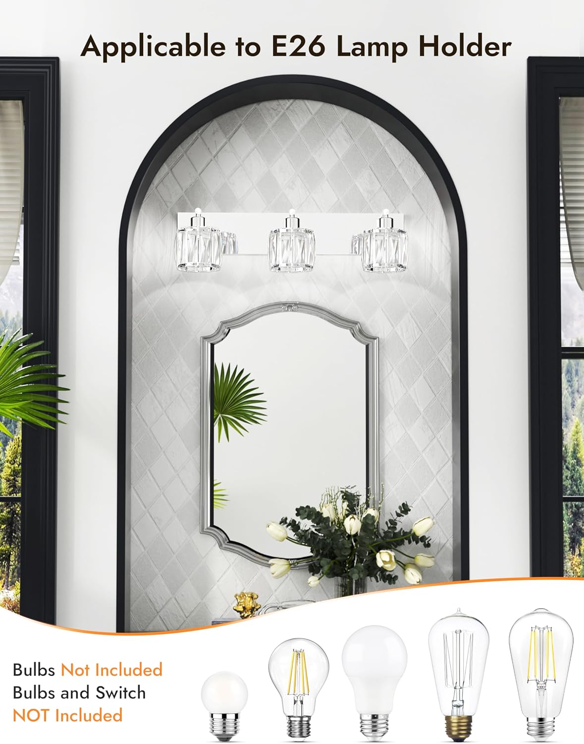 VOLISUN Crystal Vanity Lights - 3 Light Modern Stainless Steel Bathroom Light Over Mirror, Chrome Finish - UL Certificated (Exclude Bulb)