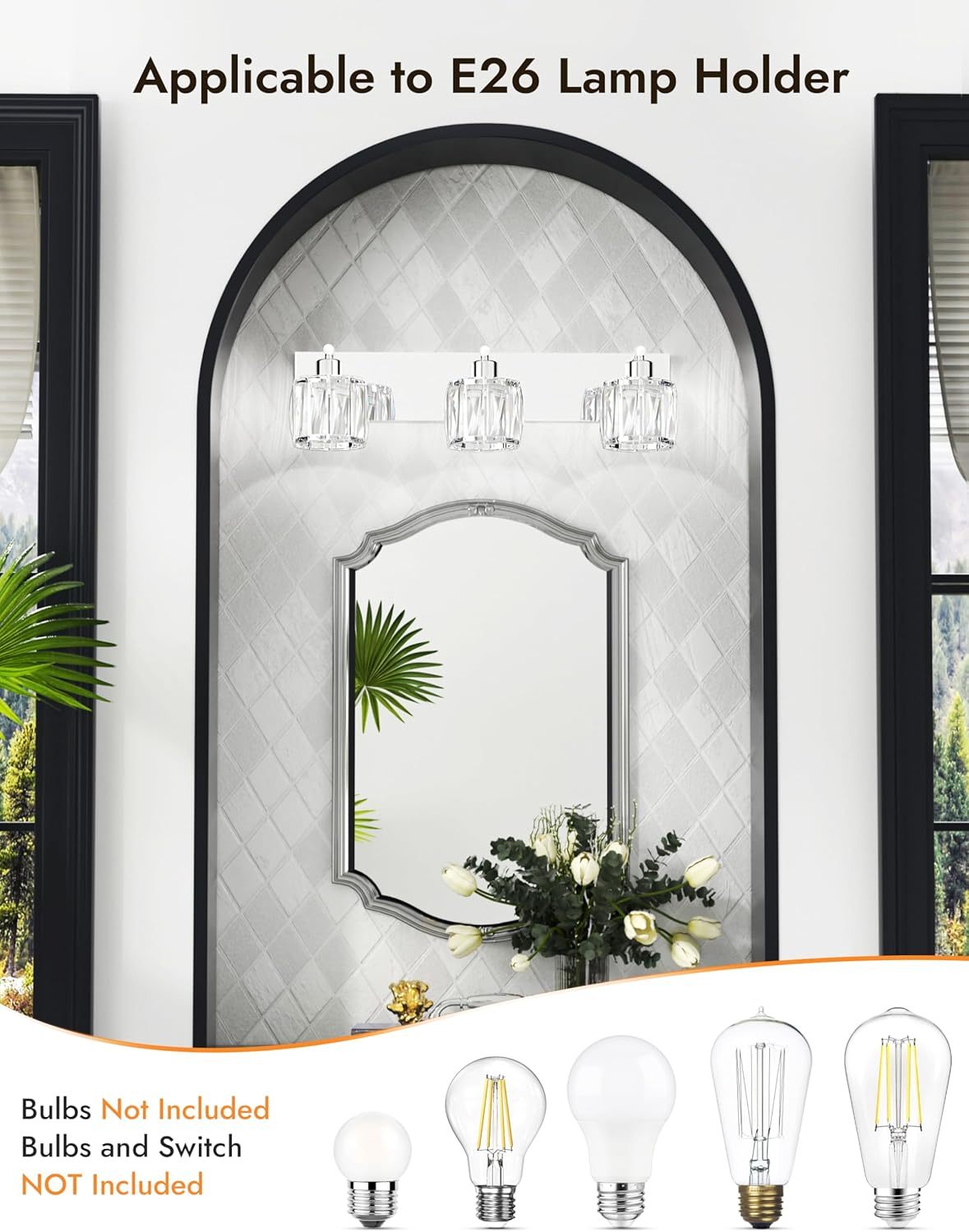 VOLISUN Crystal Vanity Lights - 3 Light Modern Stainless Steel Bathroom Light Over Mirror, Chrome Finish - UL Certificated (Exclude Bulb)