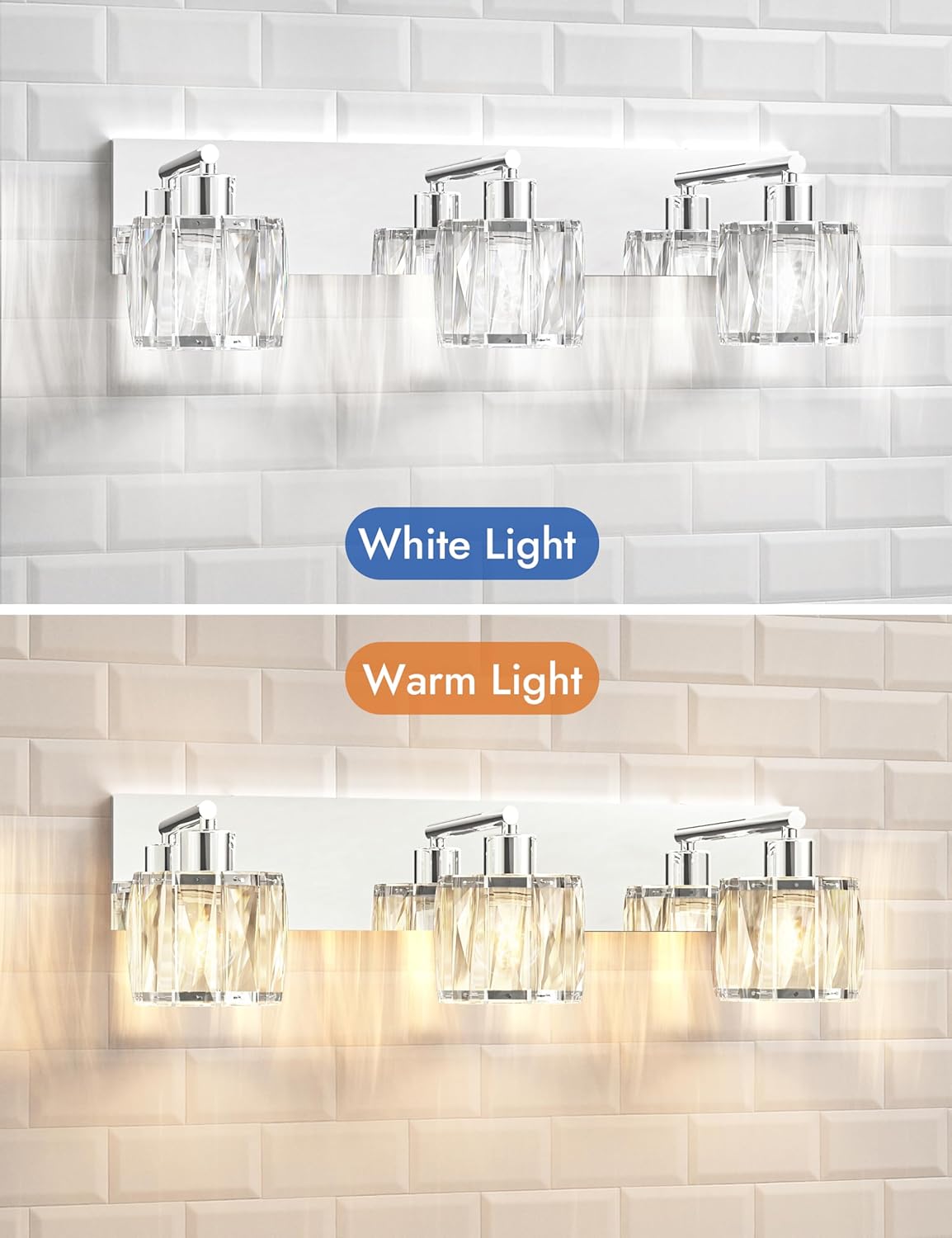 VOLISUN Crystal Vanity Lights - 3 Light Modern Stainless Steel Bathroom Light Over Mirror, Chrome Finish - UL Certificated (Exclude Bulb)
