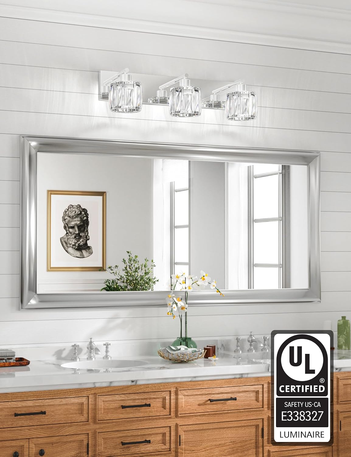 VOLISUN Crystal Vanity Lights - 3 Light Modern Stainless Steel Bathroom Light Over Mirror, Chrome Finish - UL Certificated (Exclude Bulb)