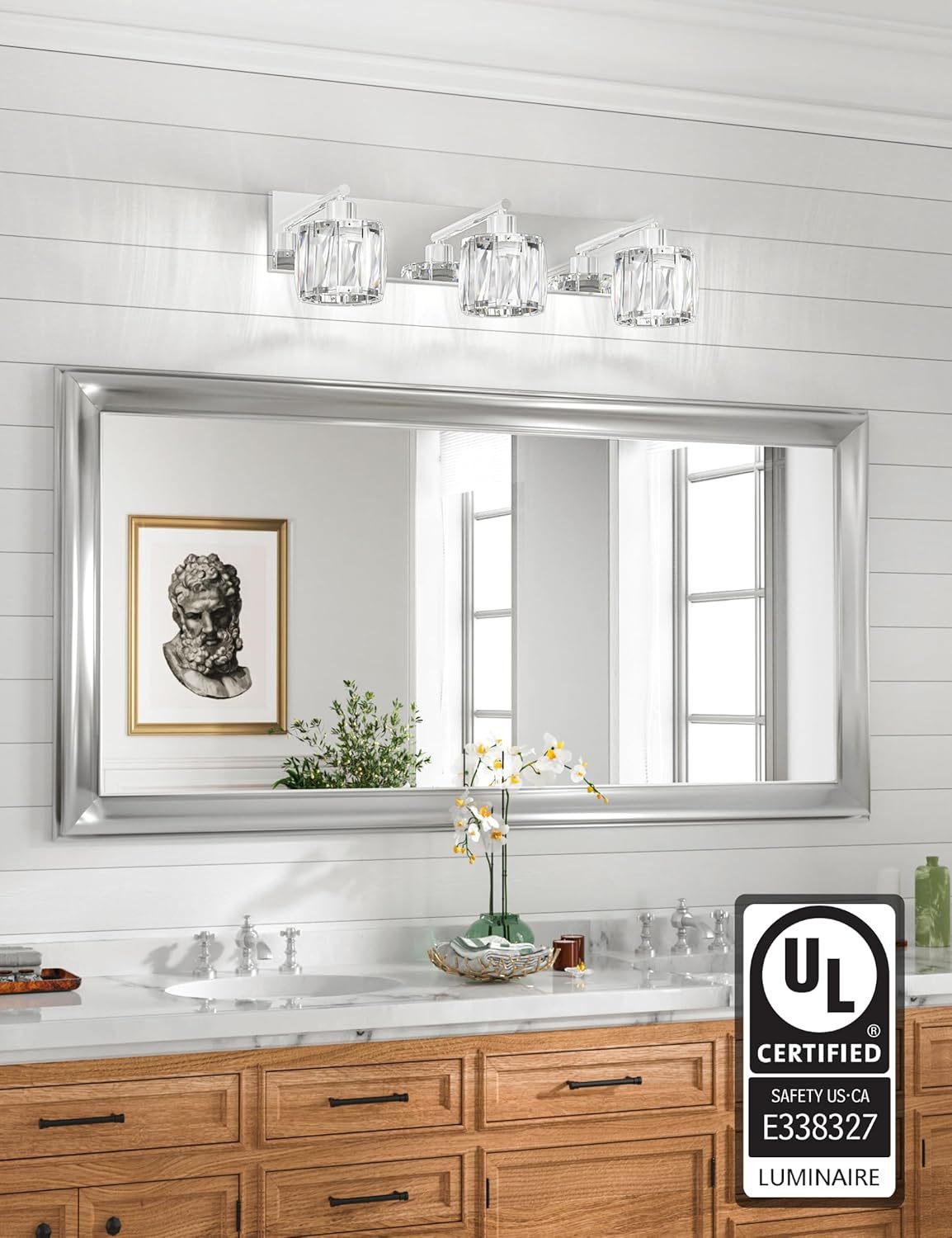 VOLISUN Crystal Vanity Lights - 3 Light Modern Stainless Steel Bathroom Light Over Mirror, Chrome Finish - UL Certificated (Exclude Bulb)