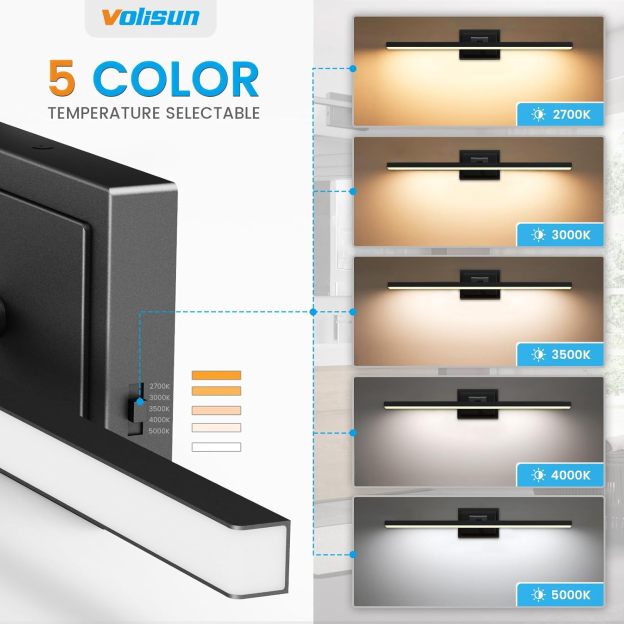 VOLISUN Modern Bathroom Vanity Light 24 inch, Rotatable, 14W Dimmable 5CCT Led Bathroom Light Fixture Over Mirror, Black Bar Vanity Light for Bathroom Mirror Restroom-ETL Certificated
