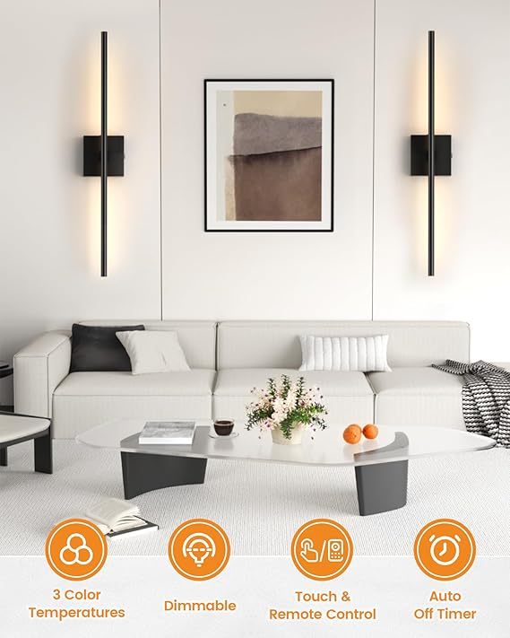 VOLISUN Battery Operated Wall Sconce Set of Two, Black Rechargeable Wall Lights with Remote Control, 3000K-6500K Dimmable Wall Lamp, 27.6 Inch LED Wireless Wall Lights for Bedroom, Living Room,Hallway