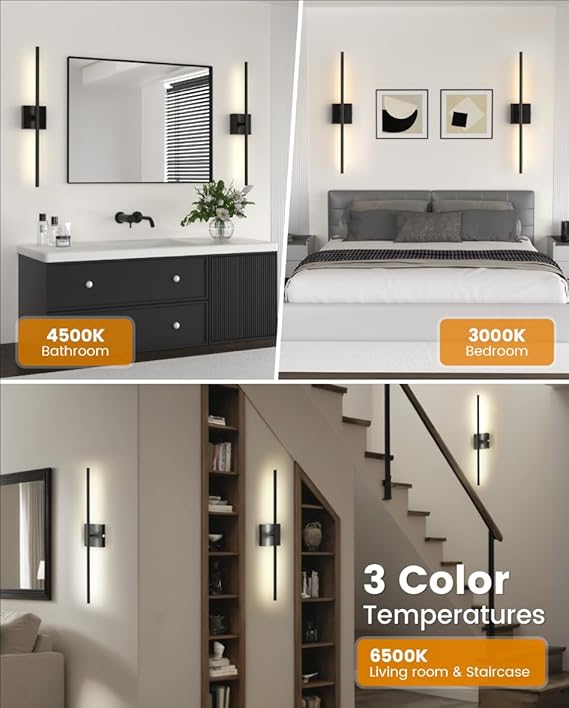 VOLISUN Battery Operated Wall Sconce Set of Two, Black Rechargeable Wall Lights with Remote Control, 3000K-6500K Dimmable Wall Lamp, 27.6 Inch LED Wireless Wall Lights for Bedroom, Living Room,Hallway