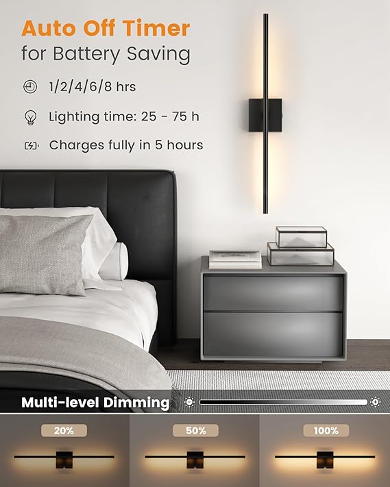VOLISUN Battery Operated Wall Sconce Set of Two, Black Rechargeable Wall Lights with Remote Control, 3000K-6500K Dimmable Wall Lamp, 27.6 Inch LED Wireless Wall Lights for Bedroom, Living Room,Hallway