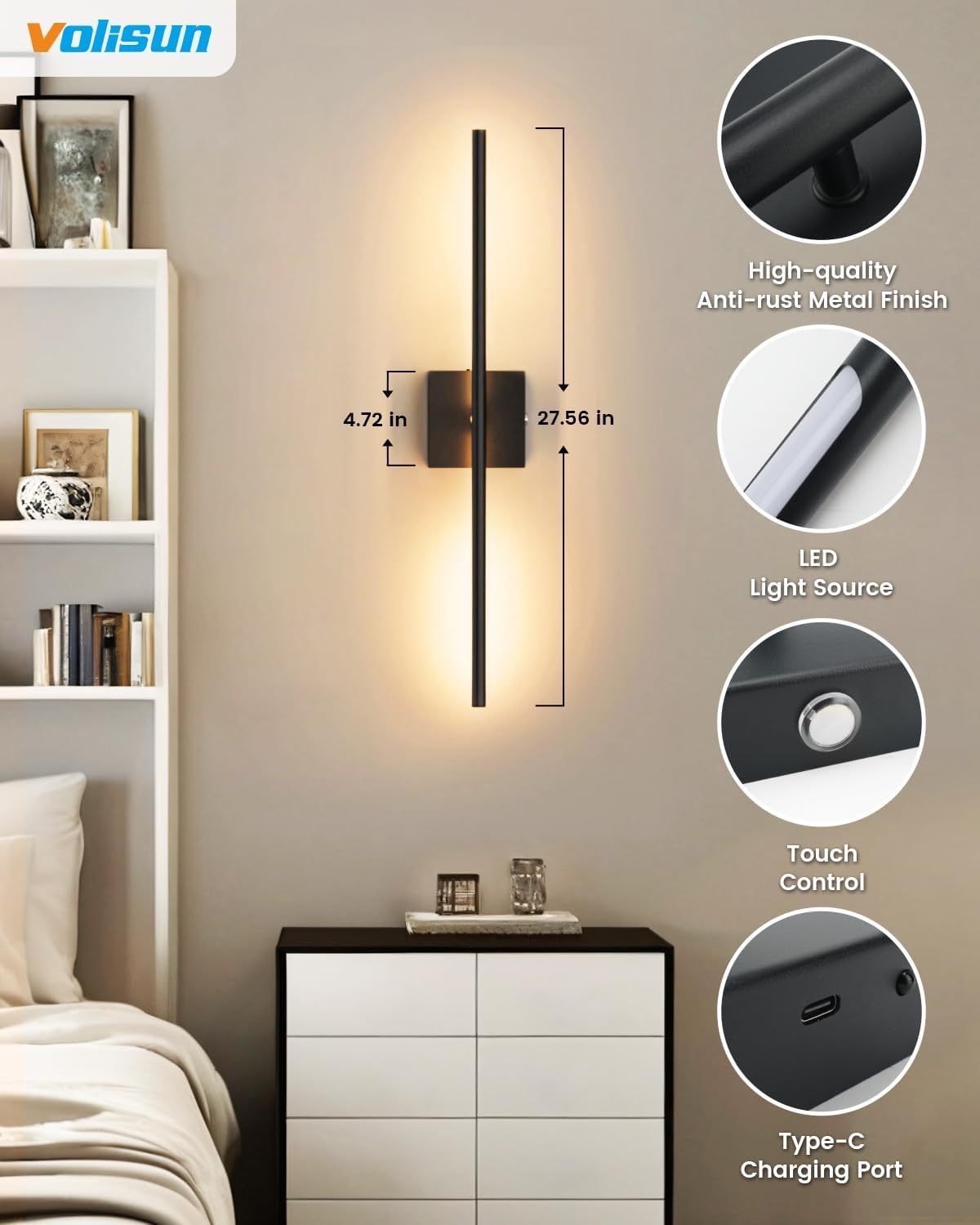 VOLISUN Battery Operated Wall Sconce Set of Two, Black Rechargeable Wall Lights with Remote Control, 3000K-6500K Dimmable Wall Lamp, 27.6 Inch LED Wireless Wall Lights for Bedroom, Living Room,Hallway