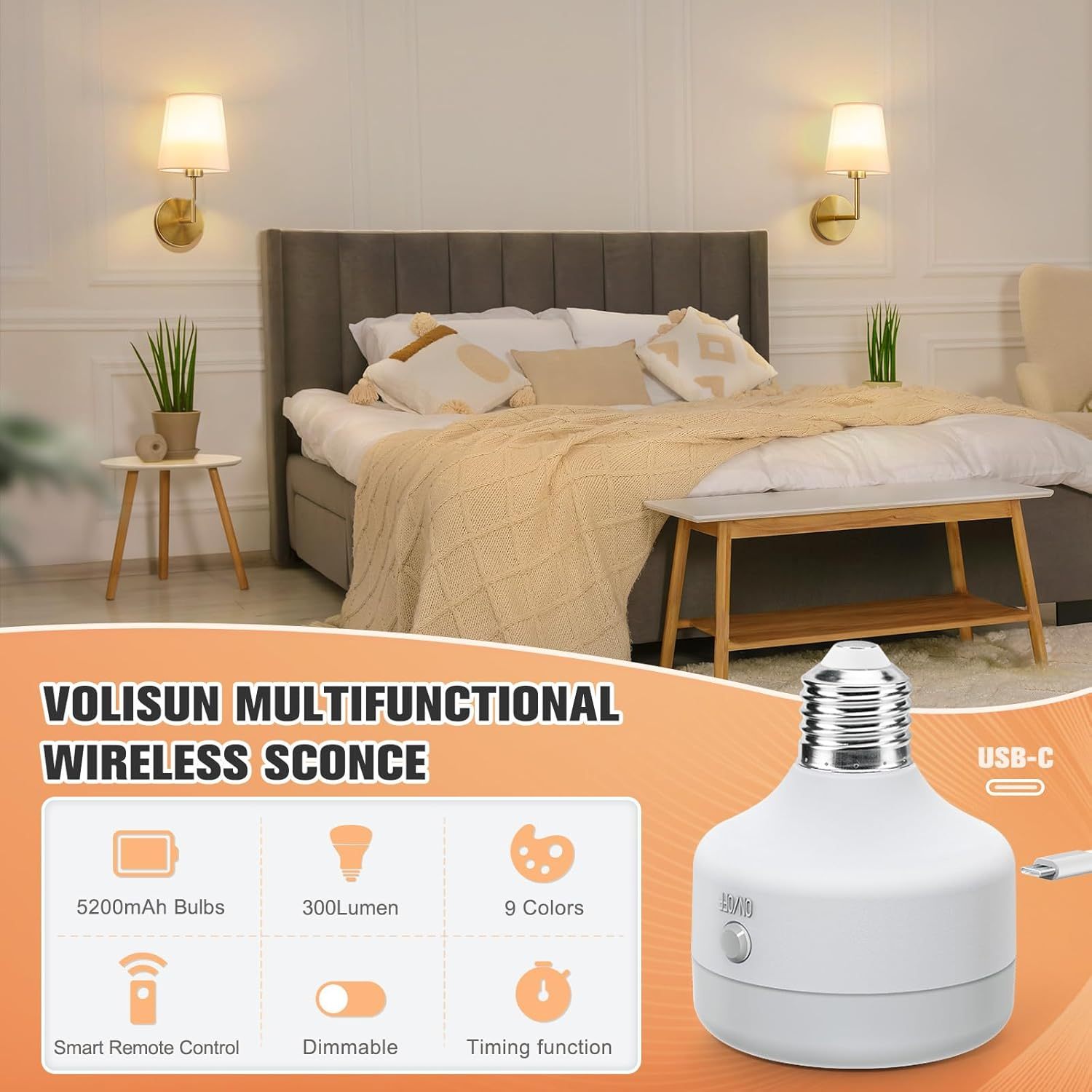 VOLISUN Battery Operated Wall Sconce Set of Two,Gold Wireless Sconces with Romote and Rechargeable Bulbs,9 Colors Indoor Wireless Wall Lights for Bedroom Living Room Hallway