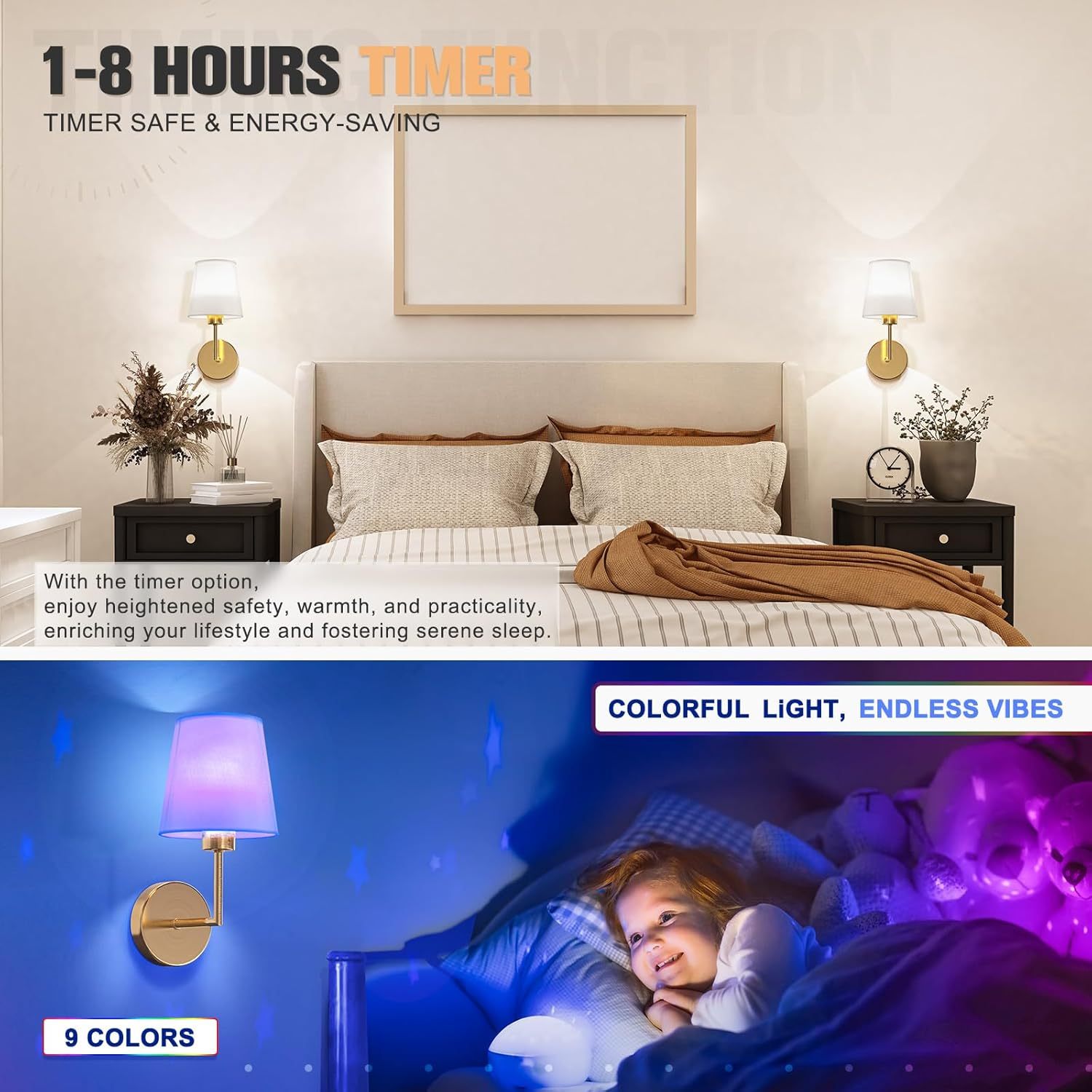 VOLISUN Battery Operated Wall Sconce Set of Two,Gold Wireless Sconces with Romote and Rechargeable Bulbs,9 Colors Indoor Wireless Wall Lights for Bedroom Living Room Hallway