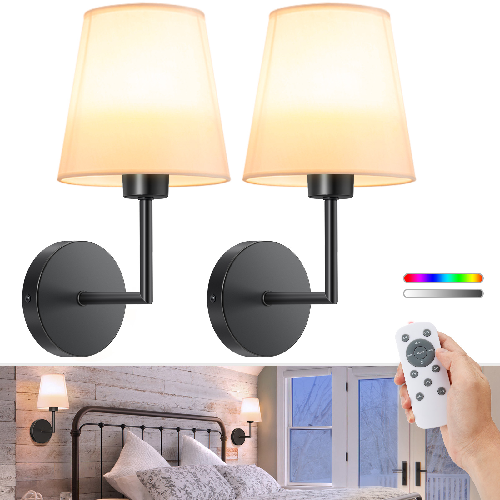 VOLISUN Battery Operated Wall Sconce Set of Two,Black Wireless Sconces with Romote and Rechargeable Bulbs,9 Colors Indoor Wireless Wall Lights for Bedroom Living Room Hallway