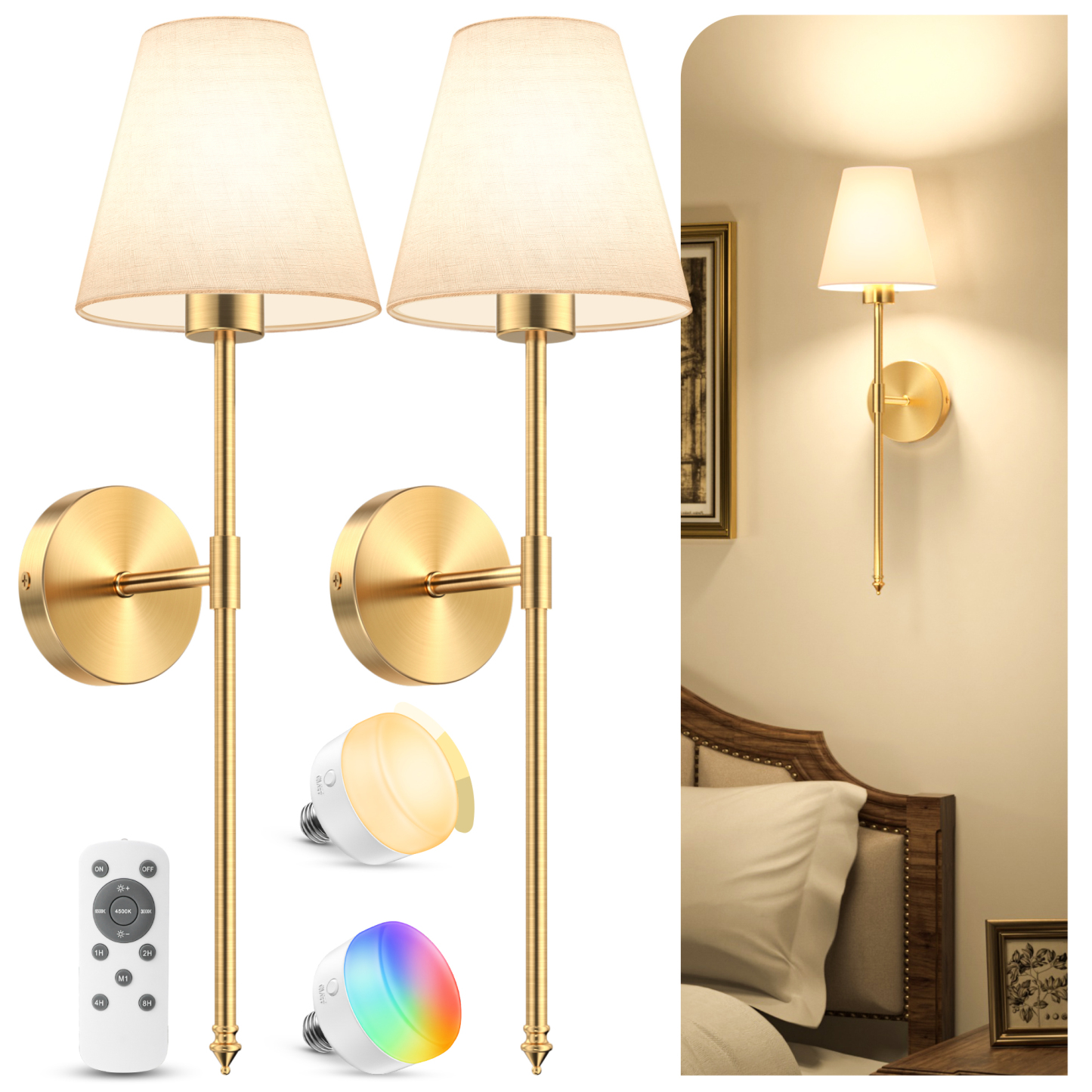 VOLISUN Battery Operated Wall Sconces Set of Two, Wireless Wall Sconces with Remote and Dimmable Bulbs, 9 Colors Battery Powered Wall Lights, Gold Rechargeable Wall Lamps for Bedroom (23.6 inch)