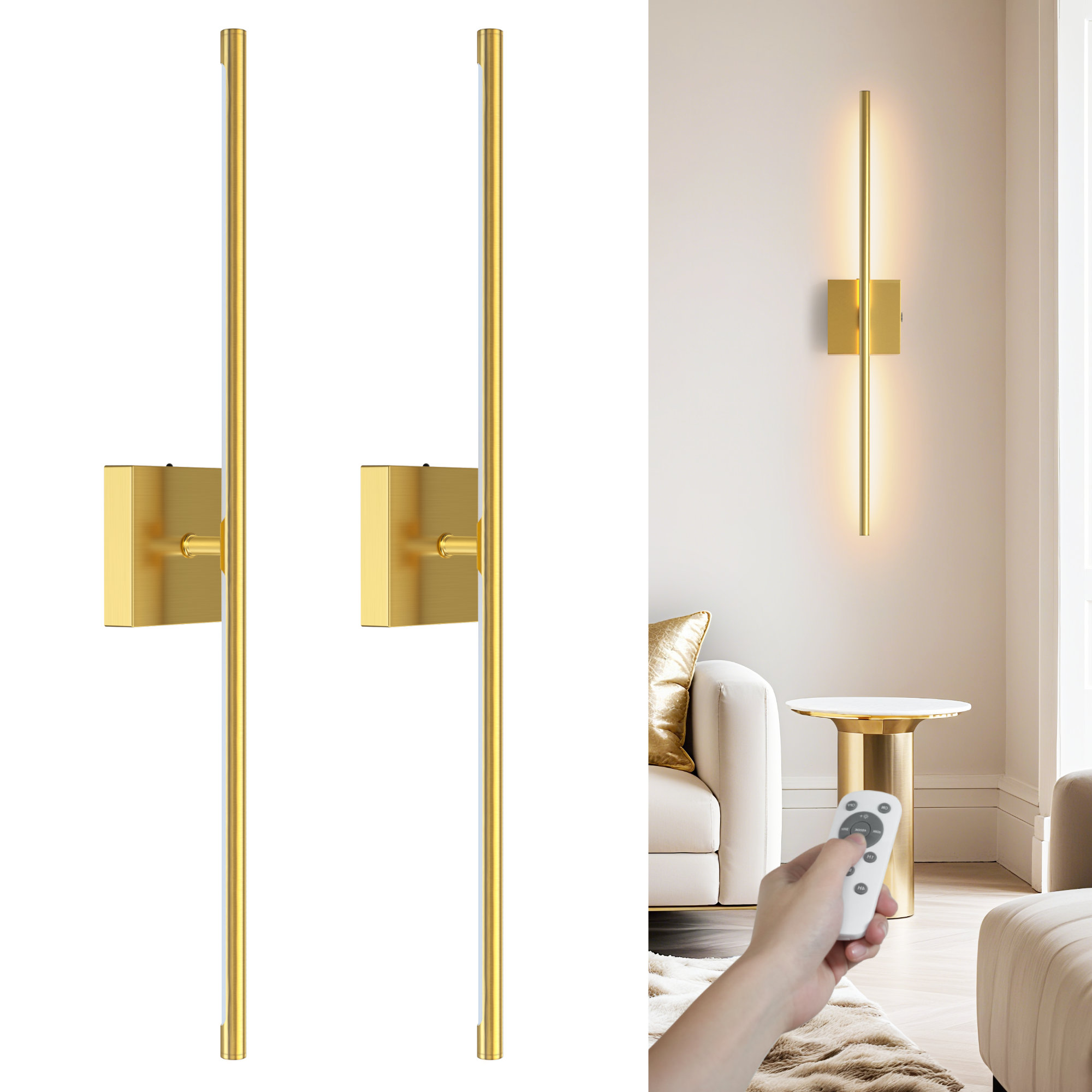 VOLISUN Battery Operated Wall Sconce Set of Two, Gold Rechargeable Wall Lights with Remote Control, 3000K-6500K Dimmable Wall Lamp, 27.6 Inch LED Wireless Wall Lights for Bedroom, Living Room,Hallway