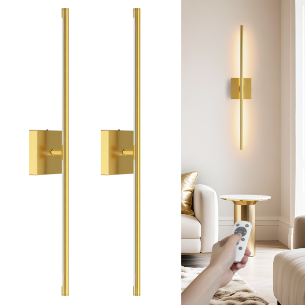 VOLISUN Battery Operated Wall Sconce Set of Two, Gold Rechargeable Wall Lights with Remote Control, 3000K-6500K Dimmable Wall Lamp, 27.6 Inch LED Wireless Wall Lights for Bedroom, Living Room,Hallway