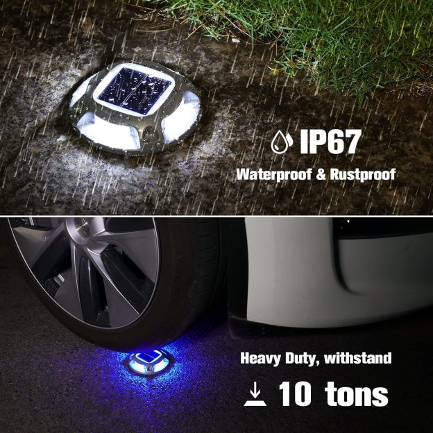 VOLISUN Solar Driveway Dock Marine Lights 8-Pack,2 Colors in 1,Outdoor LED Deck Lights,Solar Powered Waterproof Driveway Marker Light for Warning Step Sidewalk Pathway (White/Blue)