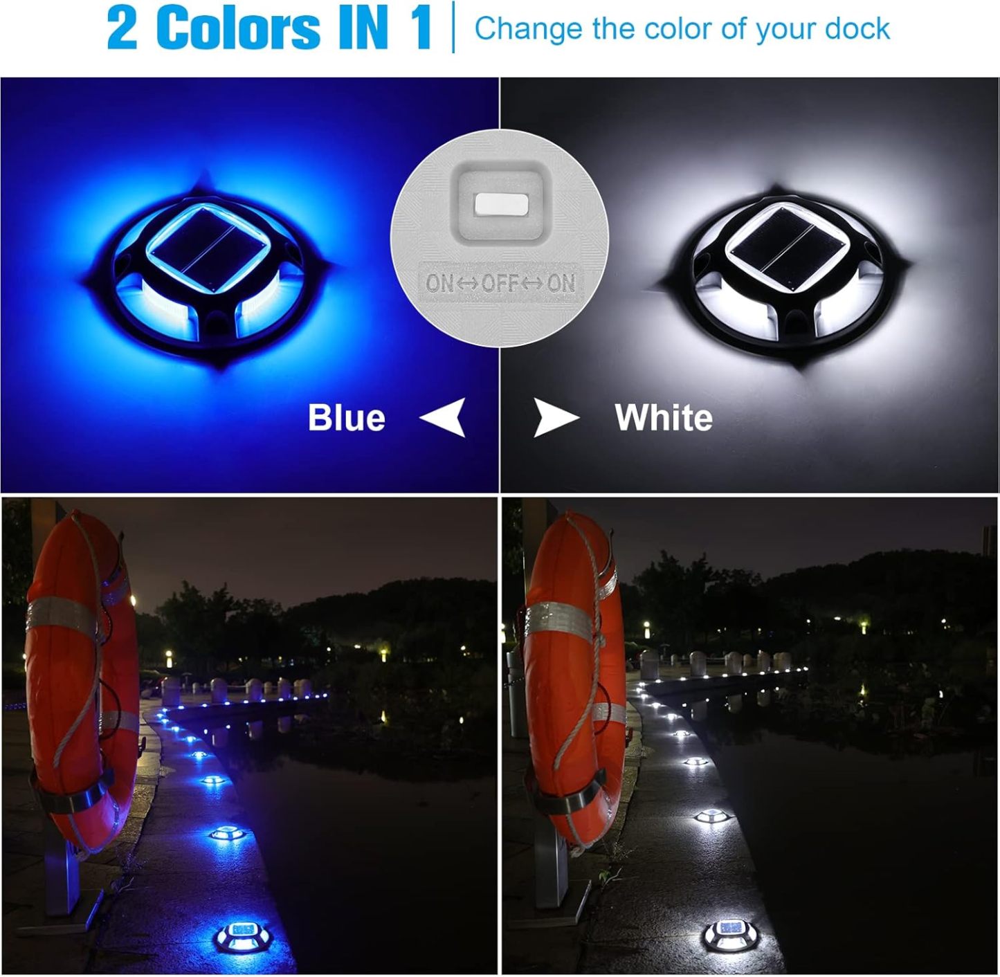 VOLISUN Solar Driveway Dock Marine Lights 8-Pack,2 Colors in 1,Outdoor LED Deck Lights,Solar Powered Waterproof Driveway Marker Light for Warning Step Sidewalk Pathway (White/Blue)