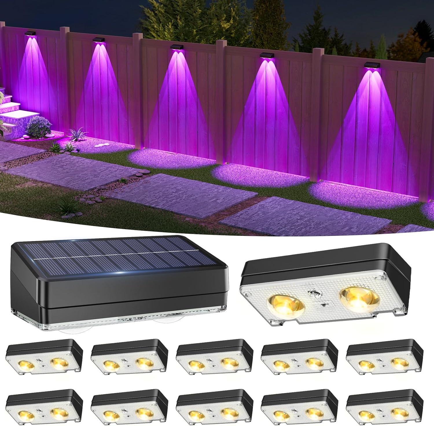 VOLISUN Solar Fence Lights 12 Pack, Warm White, Cool White and RGB Color Glow LED Solar Lights, IP65 Waterproof Fence Solar Lights Outdoor for Patio, Backyard, Railing, Deck, Fence and Wall（Black）