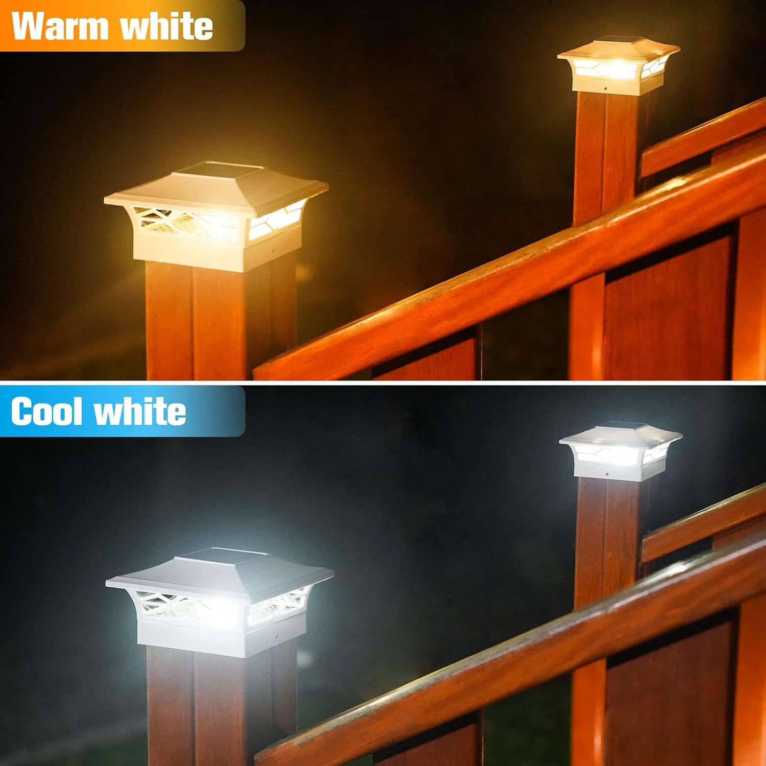 VOLISUN Solar Post Cap Lights: 6 - Pack Outdoor Deck Post Cap Lights White for Dock Fence Waterproof 2 Color Modes,4x4/6x6 Wooden/Vinyl Posts