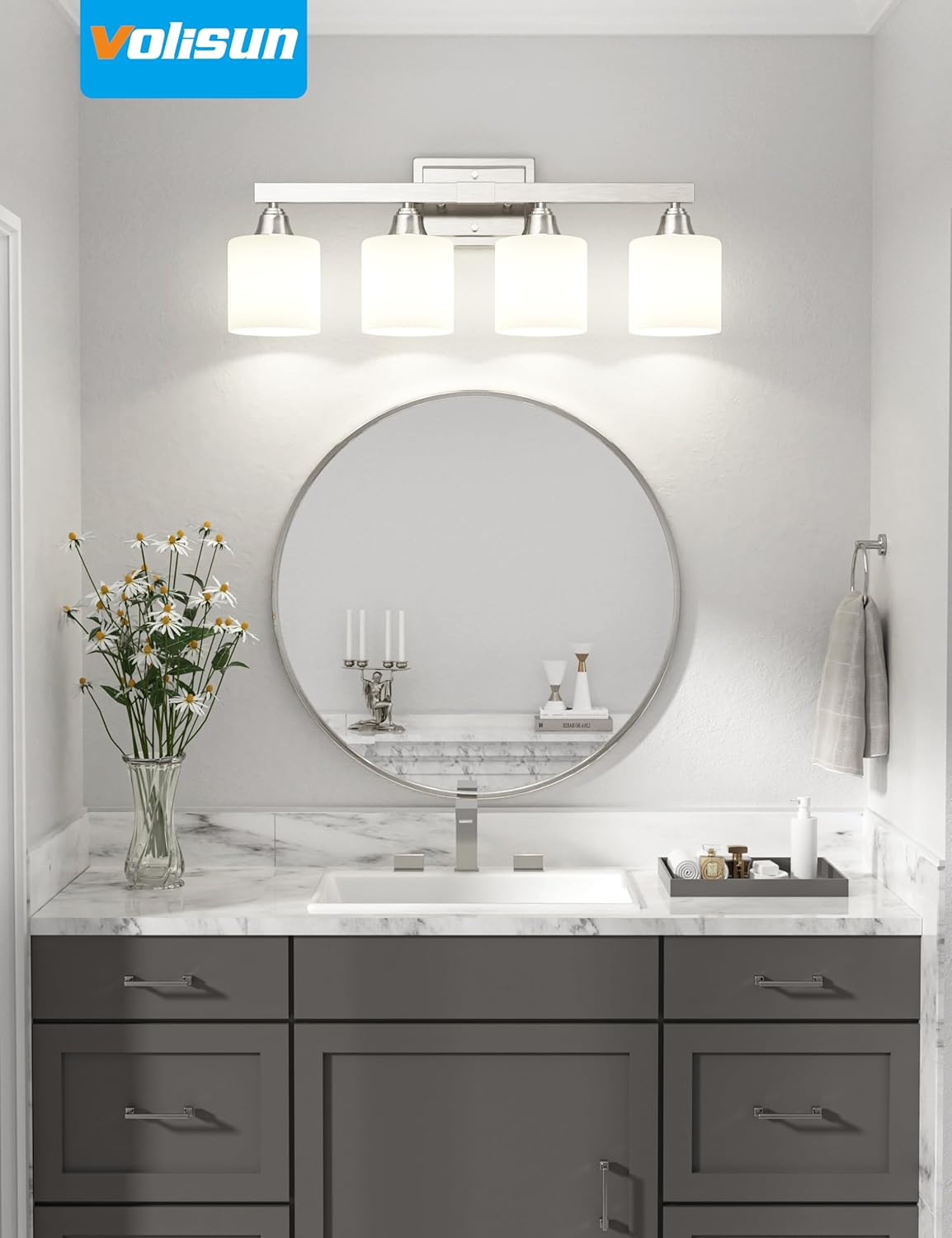 VOLISUN 4-Light Bathroom Light Fixtures, Brushed Nickel Bathroom Vanity Light Over Mirror, Modern Vanity Light for Bathroom with Milky White Frosted Glass Shades (Bulbs Excluded)