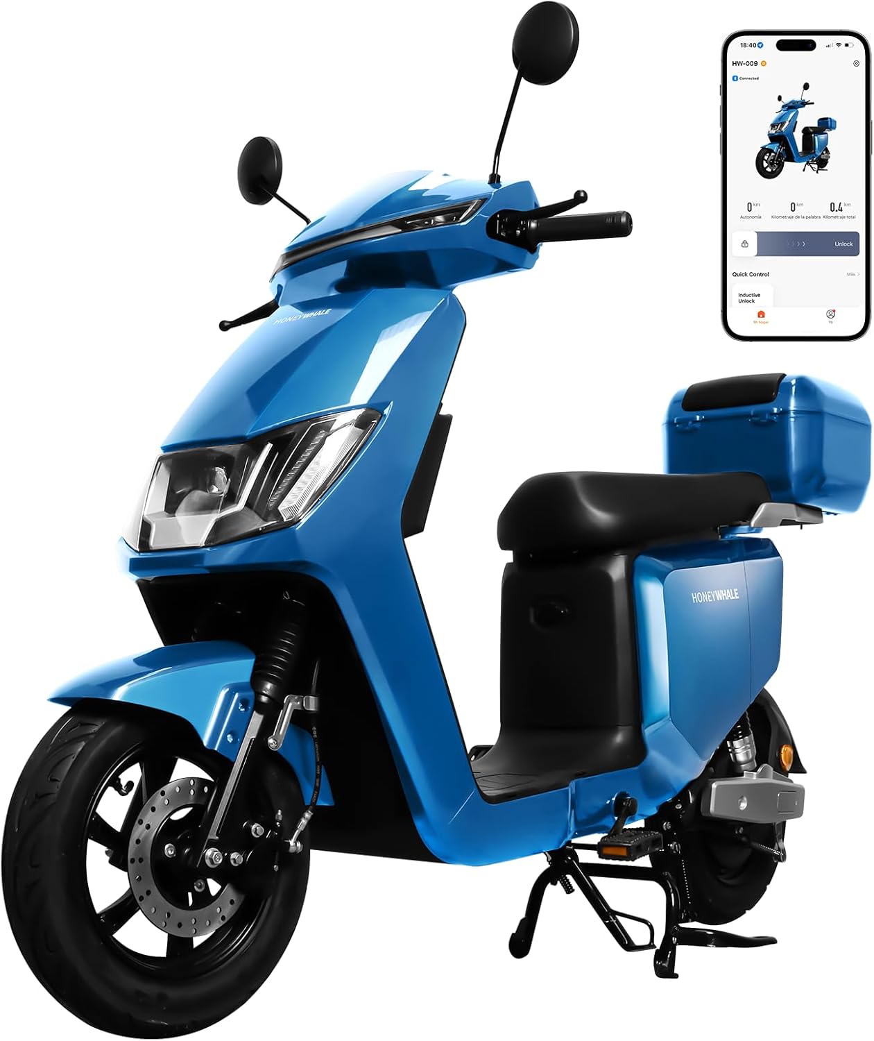 HONEYWHALE i009 Moto Bicicleta Electrica para Adultos, Scooter Inteligente con Batería de Litio Extraíble de 24AH, 800W Motor, Velocidad Máxima 50KM/H, Autonomía 70KM, Sistema Antirrobo