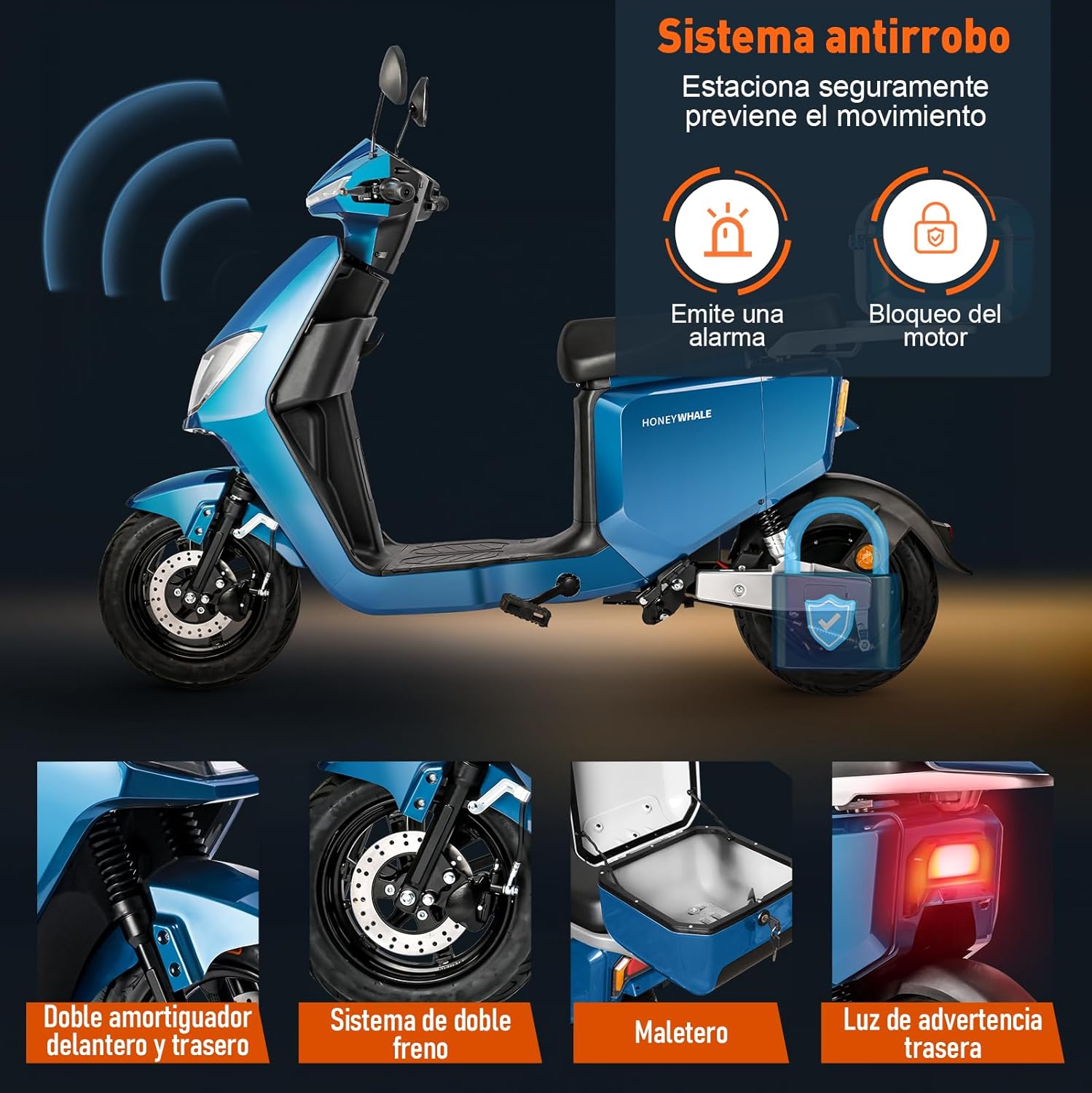 HONEYWHALE i009 Moto Bicicleta Electrica para Adultos, Scooter Inteligente con Batería de Litio Extraíble de 24AH, 800W Motor, Velocidad Máxima 50KM/H, Autonomía 70KM, Sistema Antirrobo