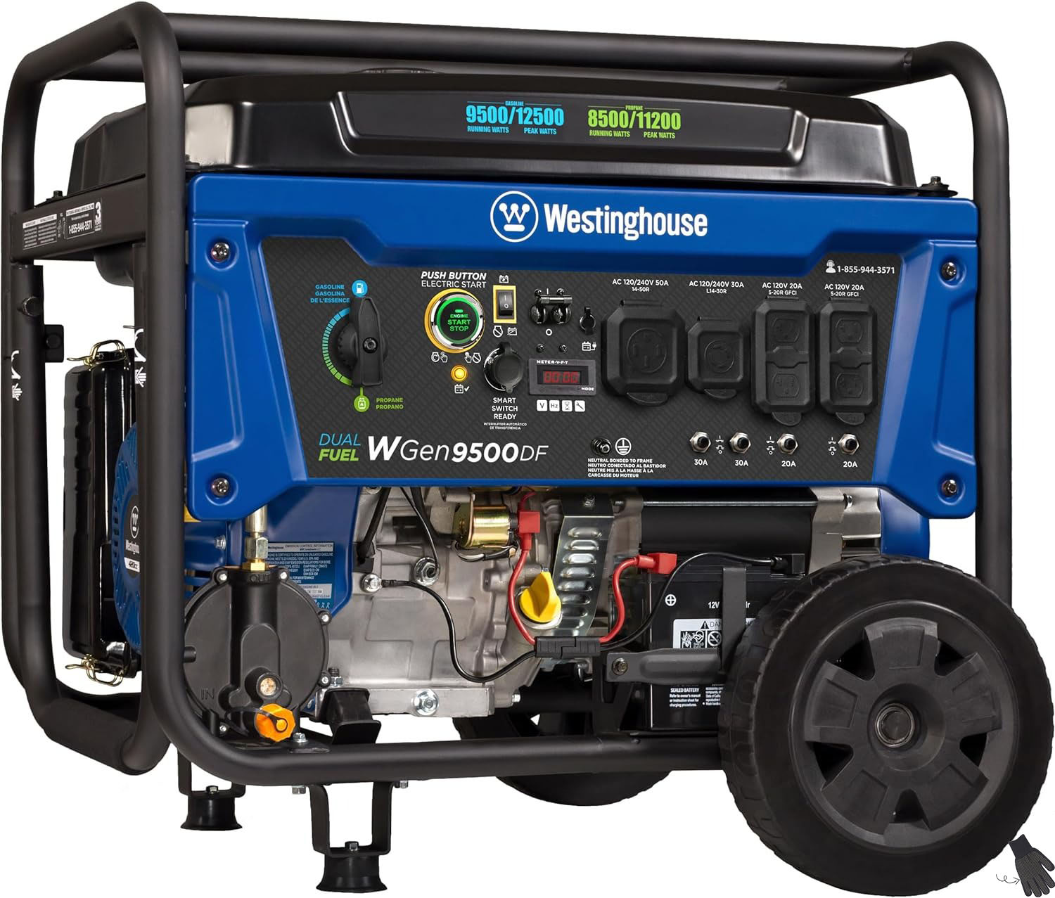 Generador portátil Westinghouse de 12500 W, combustible dual, arranque eléctrico remoto, interruptor de transferencia, alimentado por gas natural y propano