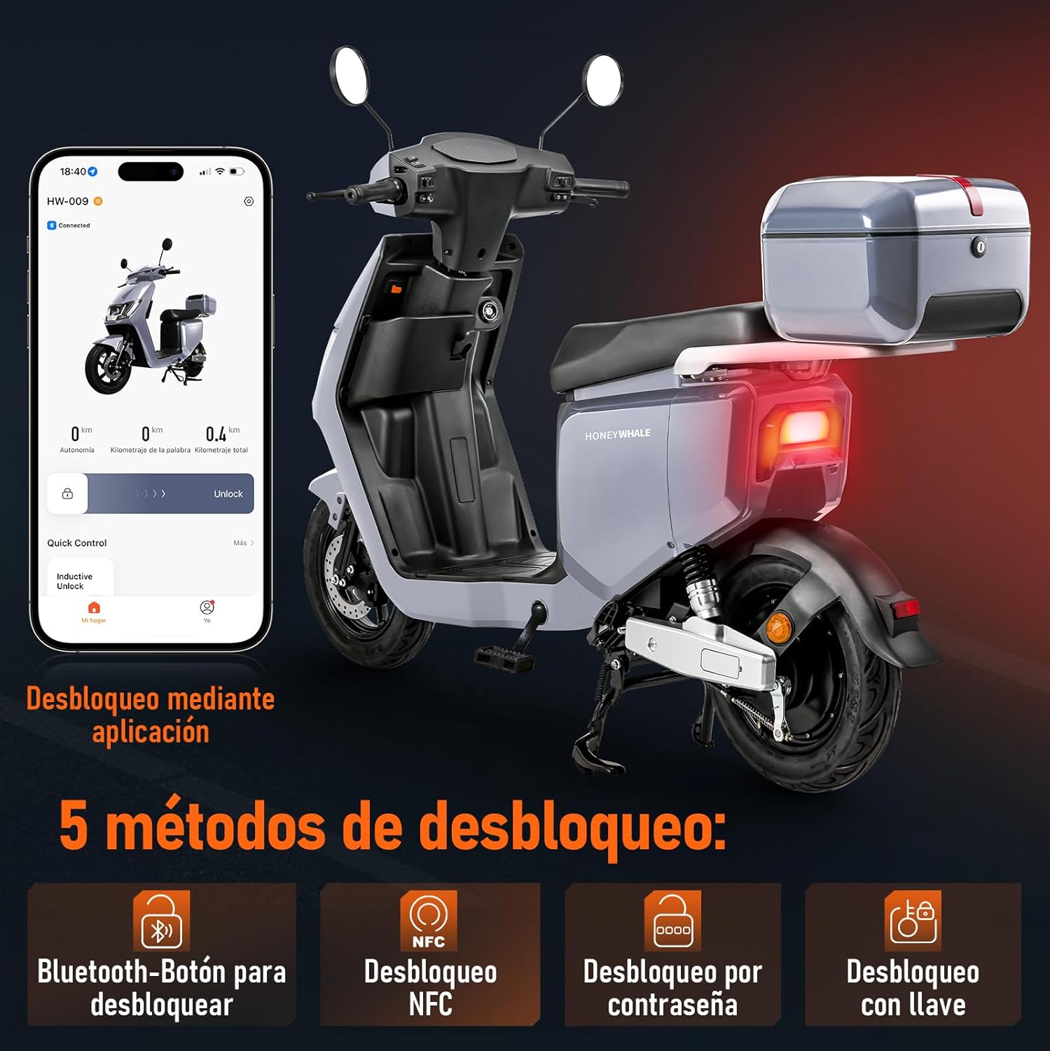 HONEYWHALE i009 Moto Bicicleta Electrica para Adultos, Scooter Inteligente con Batería de Litio Extraíble de 24AH, 800W Motor, Velocidad Máxima 50KM/H, Autonomía 70KM, Sistema Antirrobo