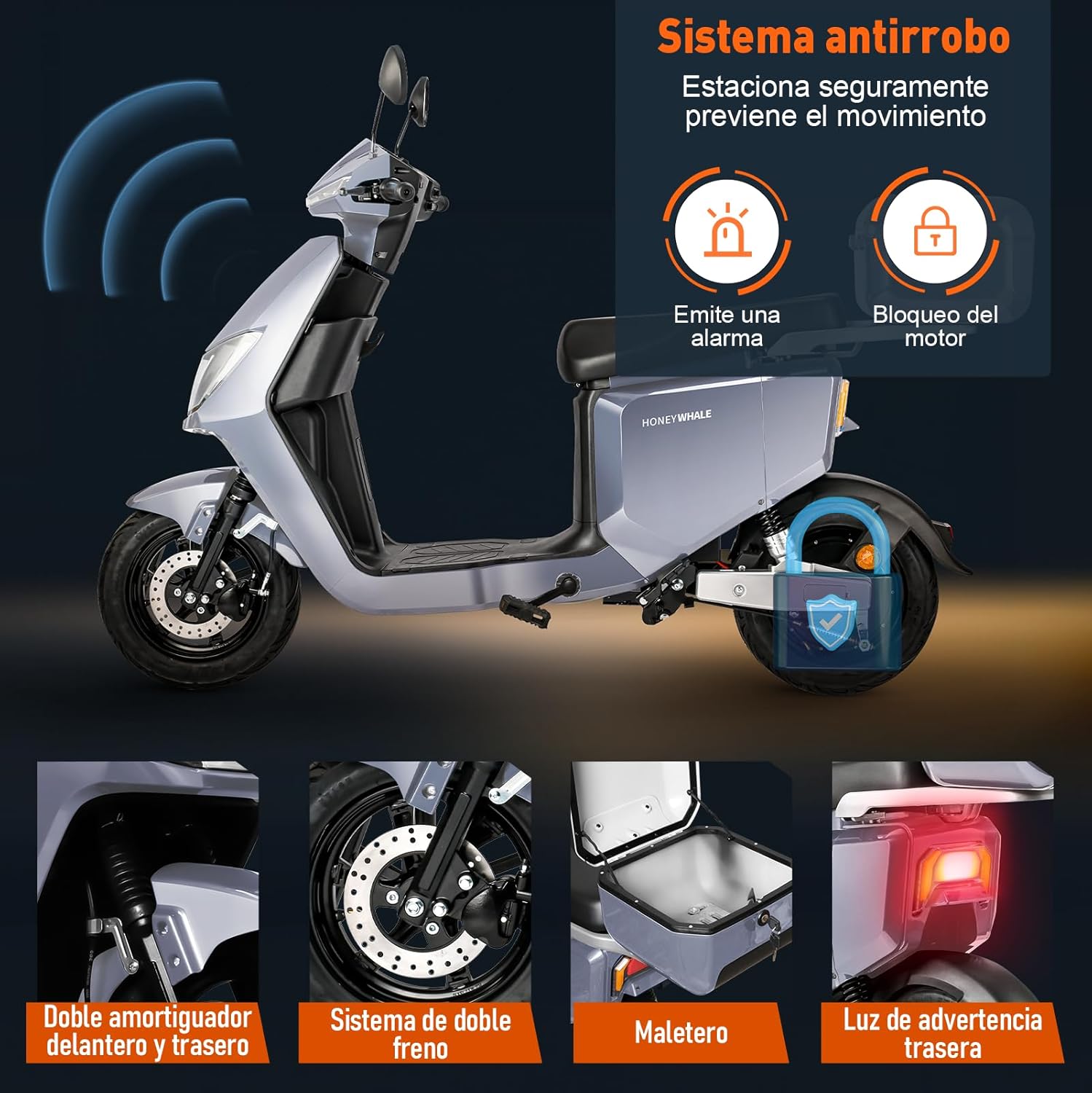 HONEYWHALE i009 Moto Bicicleta Electrica para Adultos, Scooter Inteligente con Batería de Litio Extraíble de 24AH, 800W Motor, Velocidad Máxima 50KM/H, Autonomía 70KM, Sistema Antirrobo