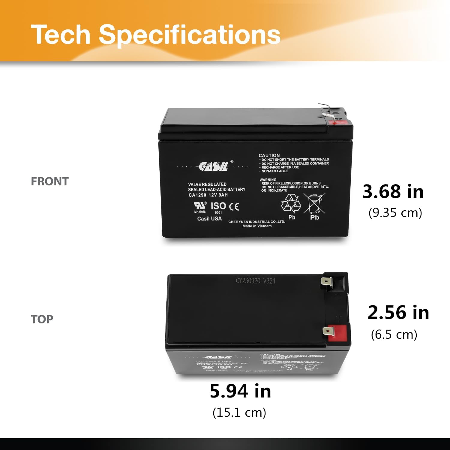 thumbnail image 2 of Casil 12 Volt 9 Amp Rechargeable Sealed Lead Acid SLA AGM Replacement... 2 of 12